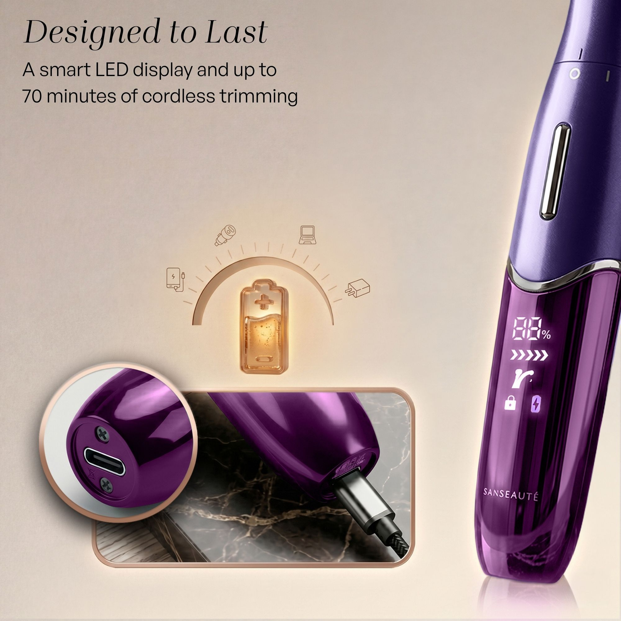 Een paarse trimmer met LED-display, oplaadicoon en USB-C-poort close-up op marmer.