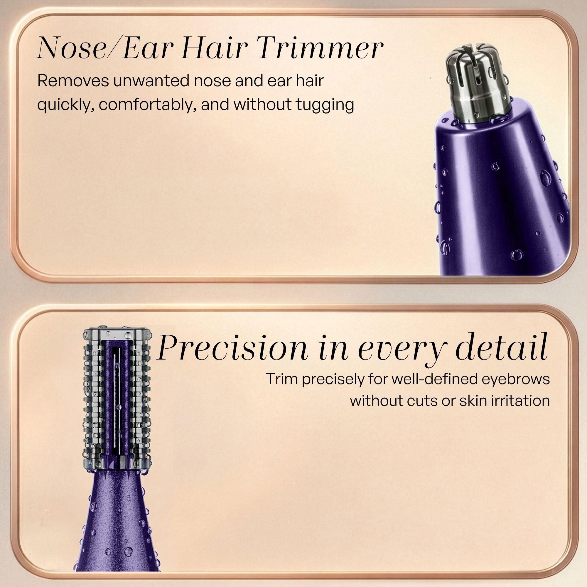 Twee productafbeeldingen tonen neushaartrimmer en wenkbrauwtrimmer met tekst op beige achtergrond.