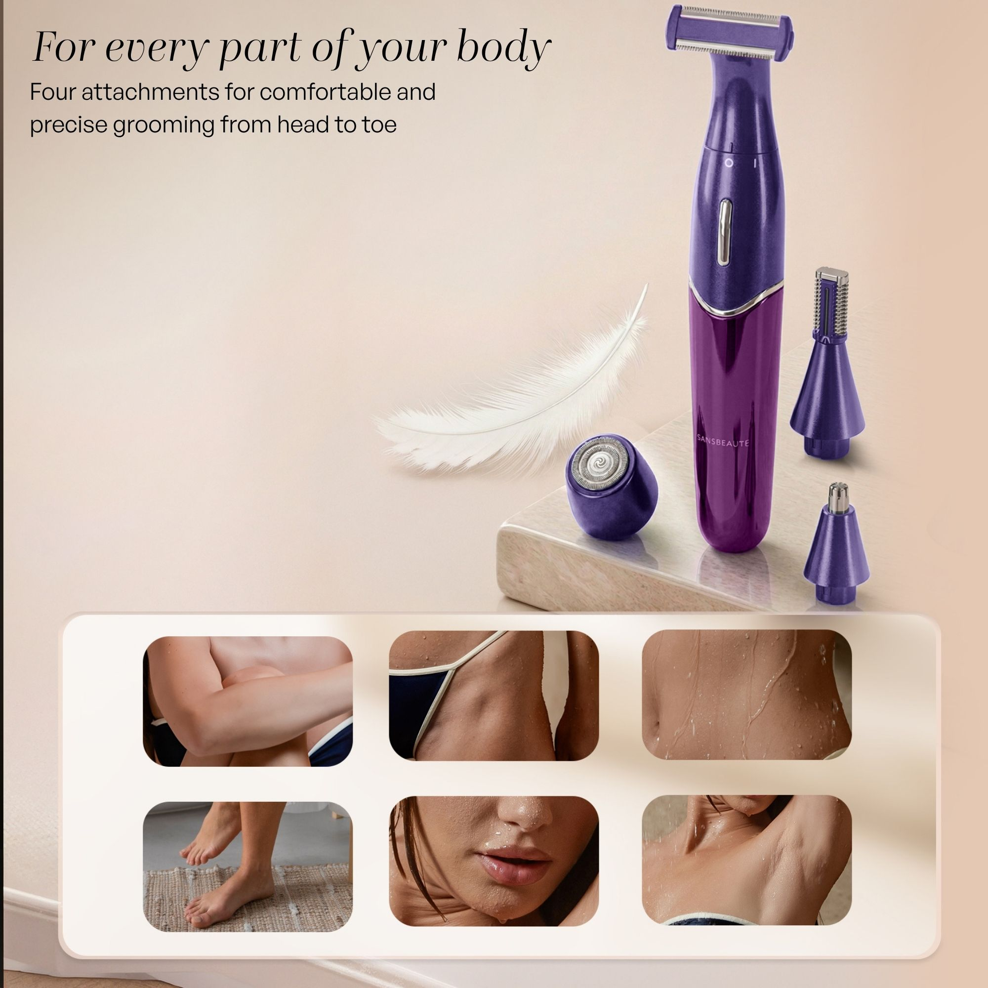 Tondeuse à cheveux violette avec trois accessoires et une plume sur un podium, et six images d'application en dessous.
