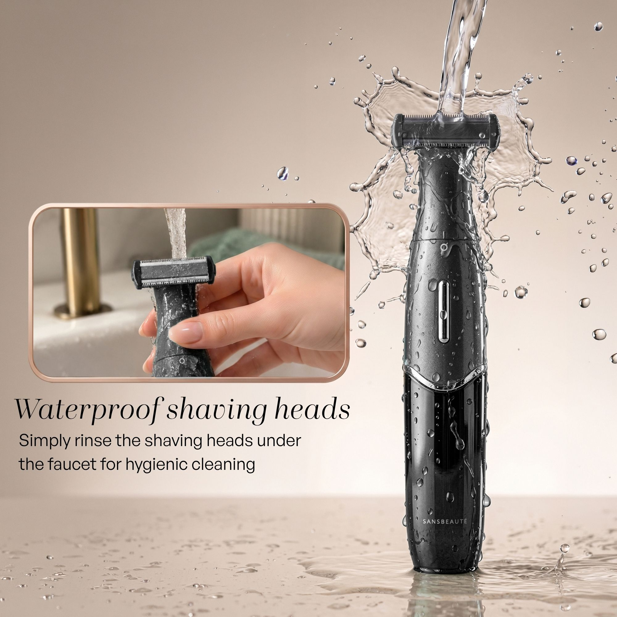 Rasoir étanche sous l'eau courante avec des éclaboussures.