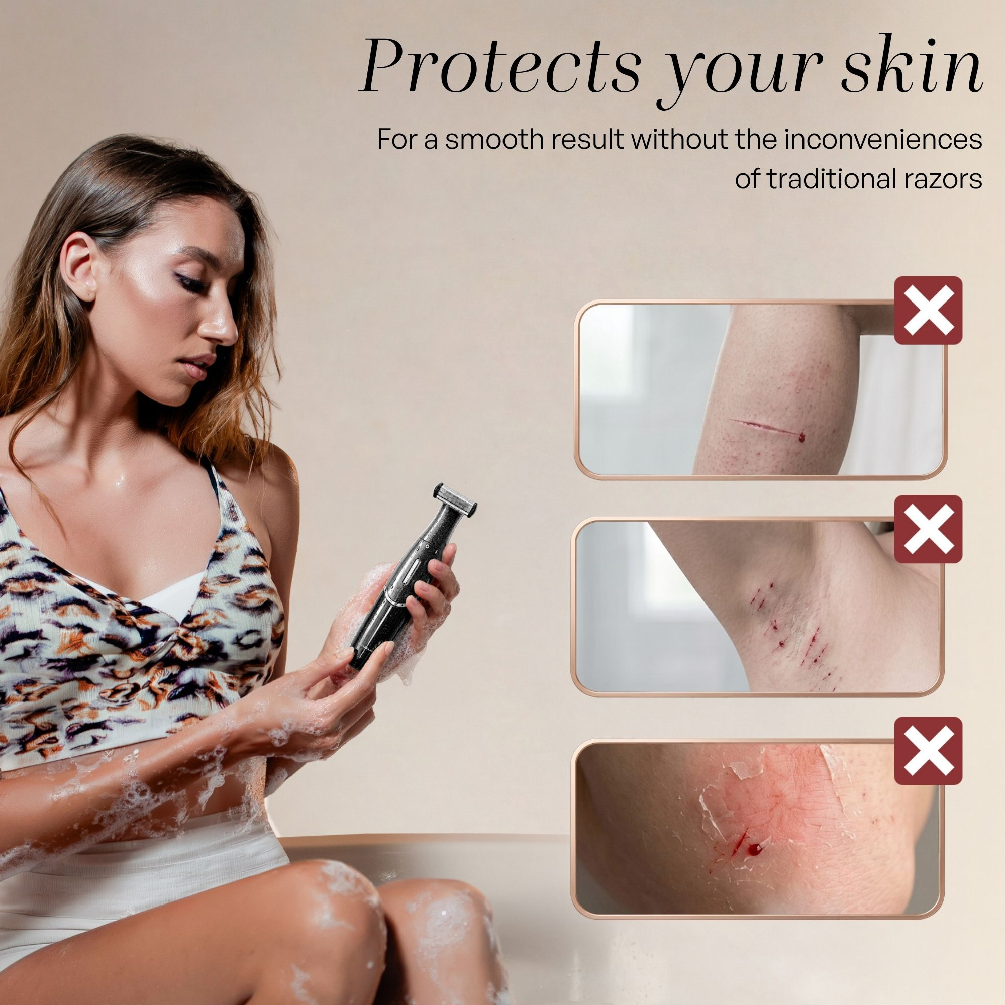 Une femme dans une baignoire tient un rasoir, à droite trois images montrent des blessures de la peau.