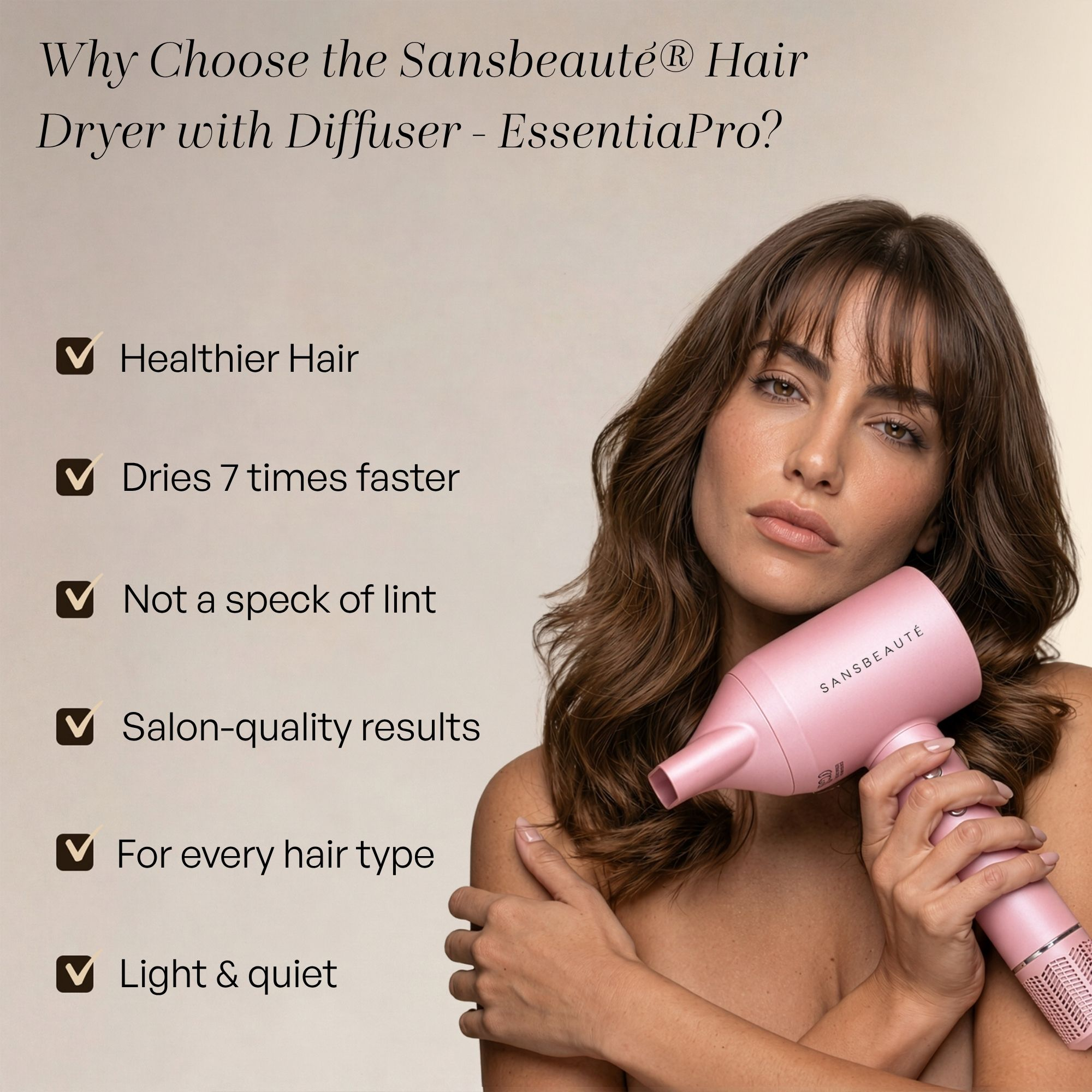 A woman holds a pink hair dryer, surrounded by promotional text highlighting its benefits.