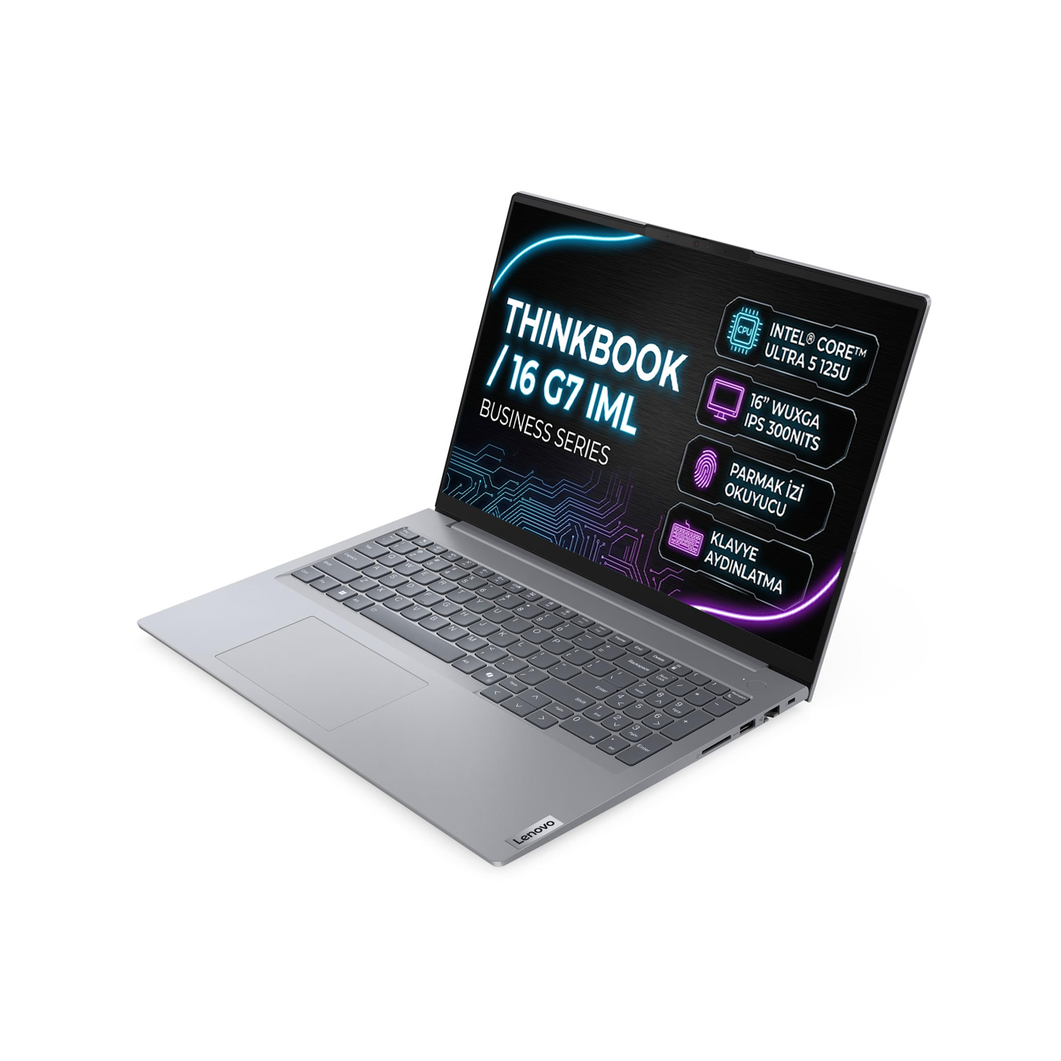 Beyaz arka planda ekranında teknik özellikler bulunan Lenovo ThinkBook 16 G7 IML dizüstü bilgisayar.
