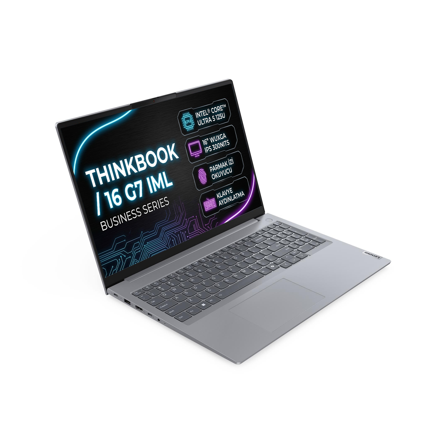 Ekranında teknik ürün detayları bulunan beyaz arka planda gri Lenovo ThinkBook 16 G7 IML dizüstü bilgisayar.