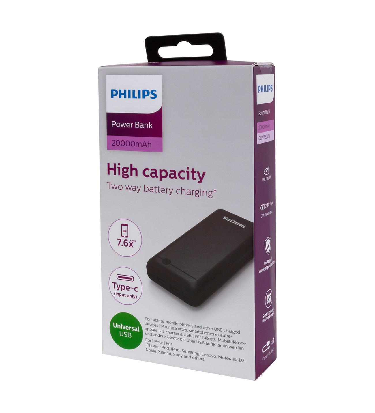 Beyaz arka planda 20000mAh ve Tip-C bağlantı noktasına sahip gri bir Philips Power Bank'in ambalajı.