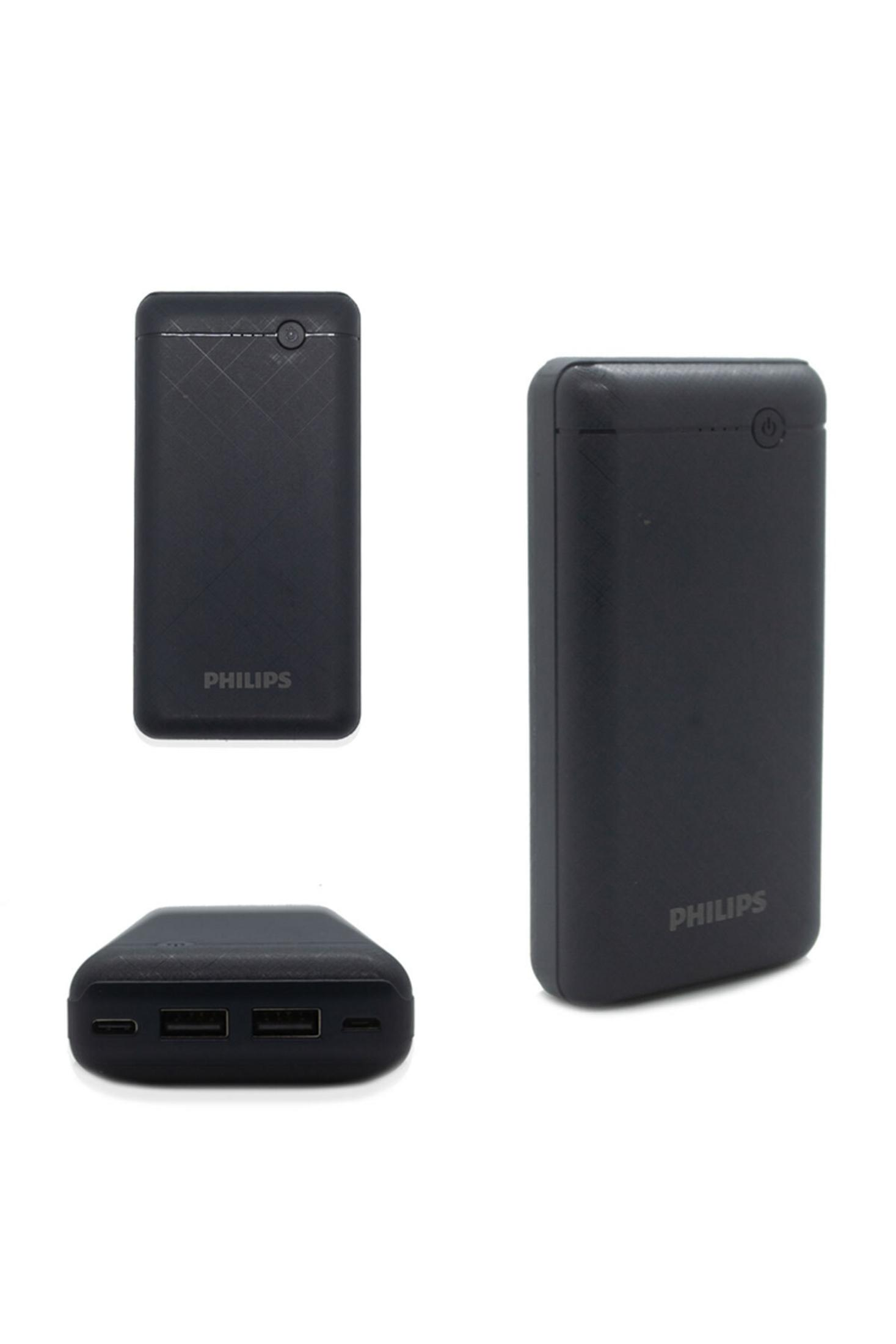Farklı açılardan gösterilen, çoklu portlara sahip siyah Philips powerbank.