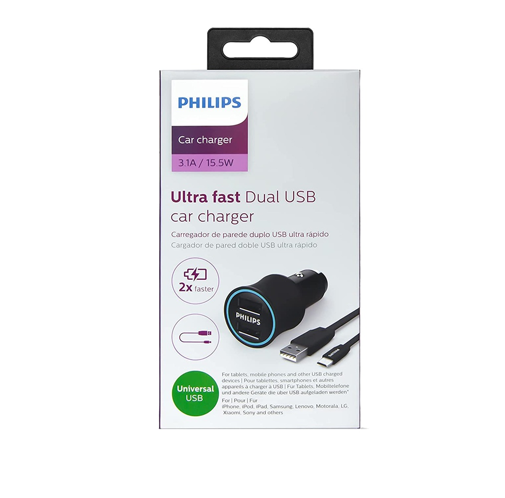 Philips çift USB araç şarj cihazı ambalajı, beyaz ve mor renklerde şarj cihazı ve kablo görseliyle birlikte.