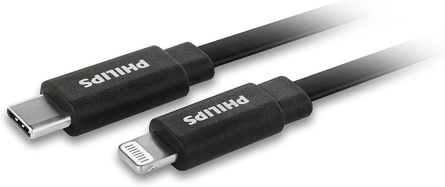 Açık arka planda USB-C ve Lightning konnektörlerine sahip iki siyah Philips şarj kablosu.