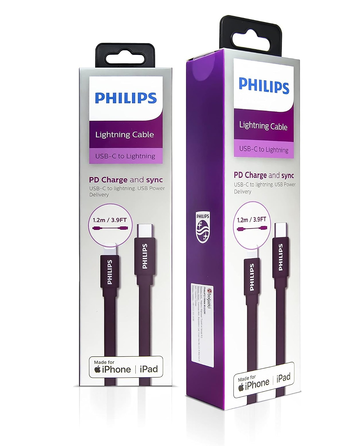 Beyaz arka planda iki adet Philips USB-C - Lightning kablo ambalaj kutusu.