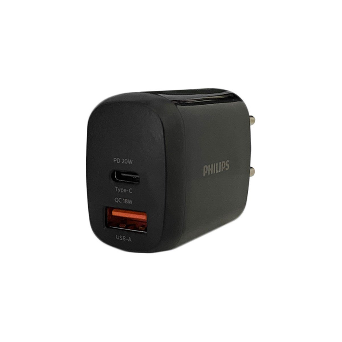 Beyaz arka planda bir USB-C ve bir turuncu USB-A bağlantı noktasına sahip siyah Philips duvar şarj cihazı.