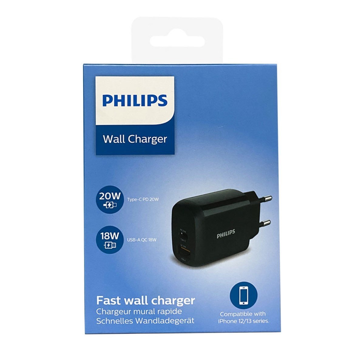 Siyah 20W/18W hızlı şarj cihazı ve teknik detaylar içeren mavi Philips duvar şarj kutusu.