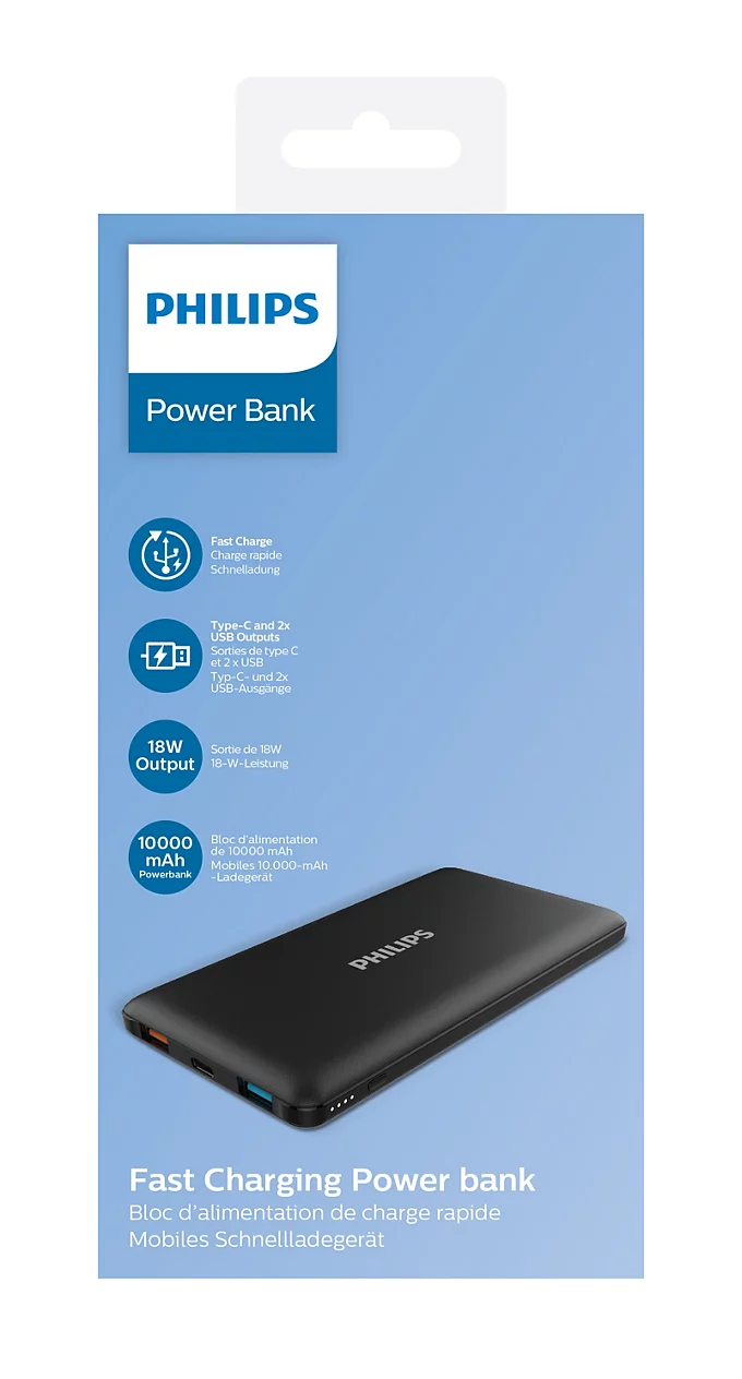 Siyah power bank ve teknik simgeler içeren mavi Philips power bank ambalajı.
