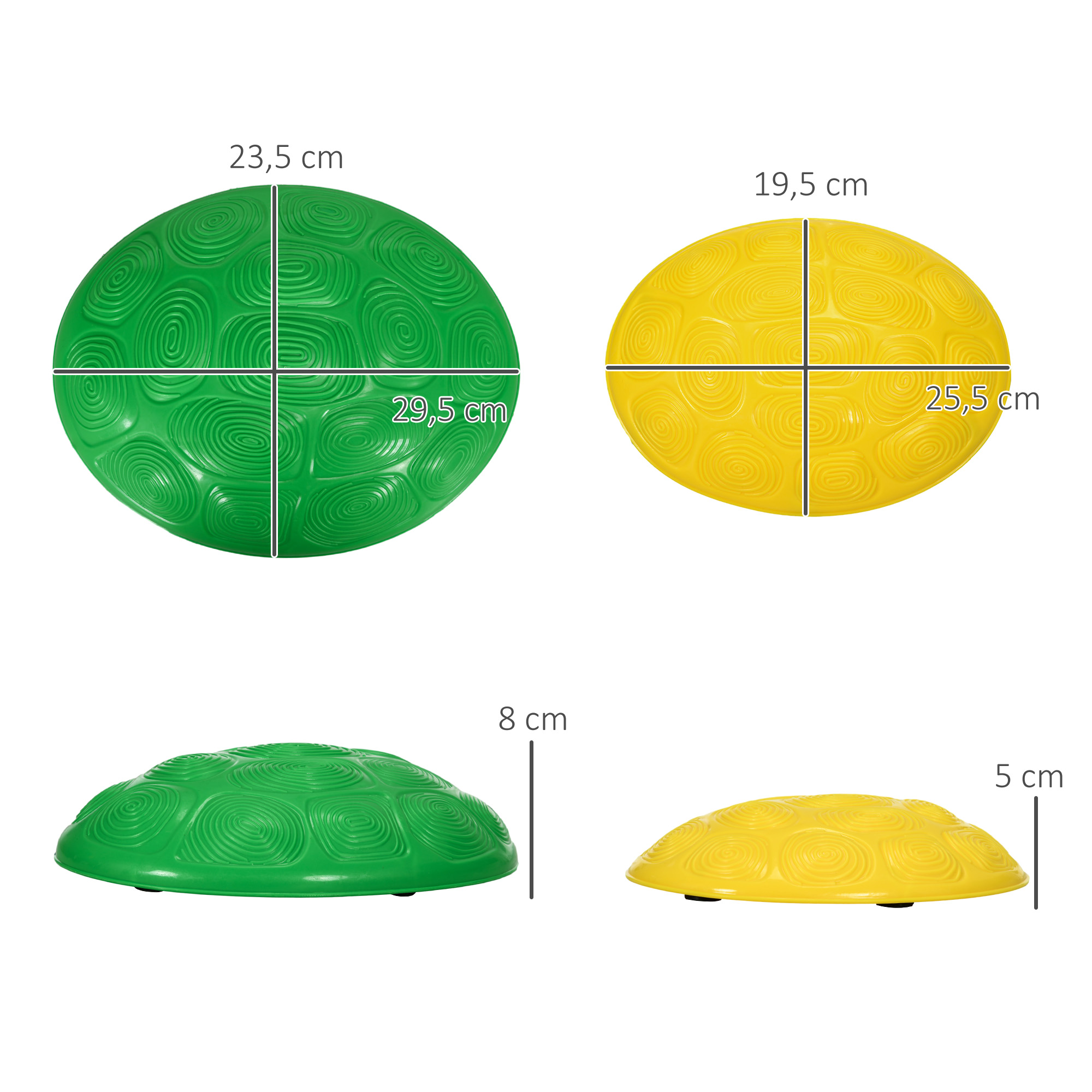 Almohadillas de equilibrio abovedadas verdes y amarillas con medidas de altura, anchura y longitud sobre fondo blanco.