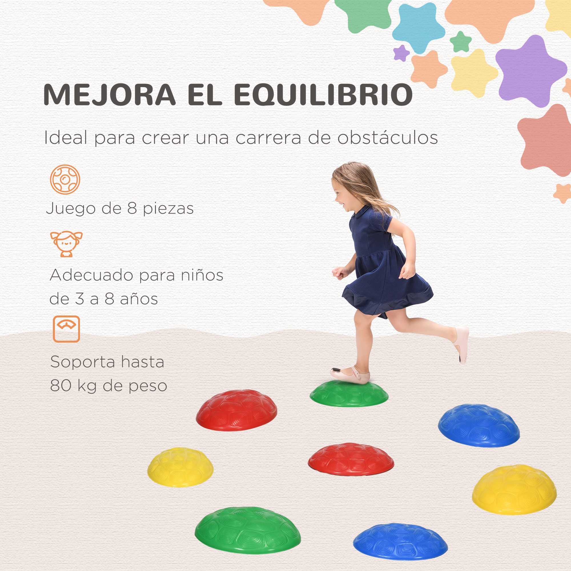 Una niña con vestido azul camina sobre medias esferas de colores.