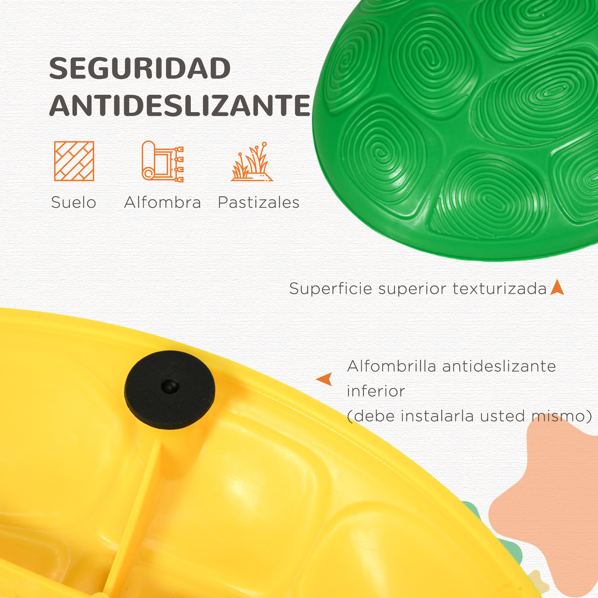 Piedra de equilibrio verde texturizada, base amarilla con almohadillas antideslizantes y texto en español.