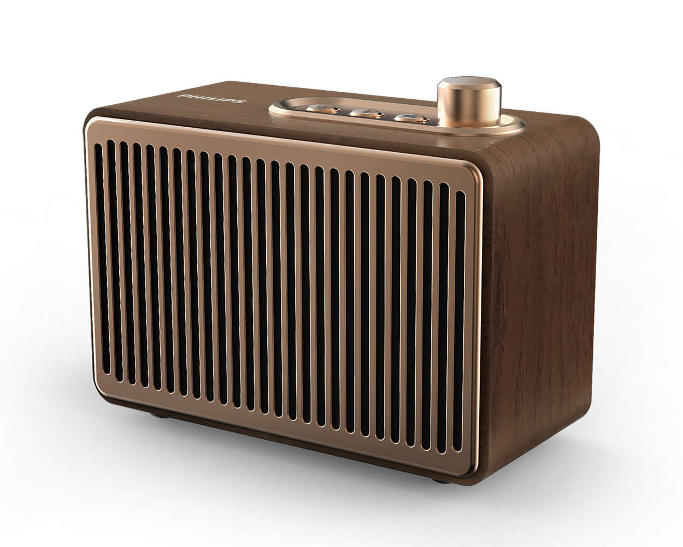 Metalik altın rengi ızgaraya, kontrol düğmelerine ve ses düğmesine sahip vintage tarzı Philips ahşap Bluetooth hoparlör.