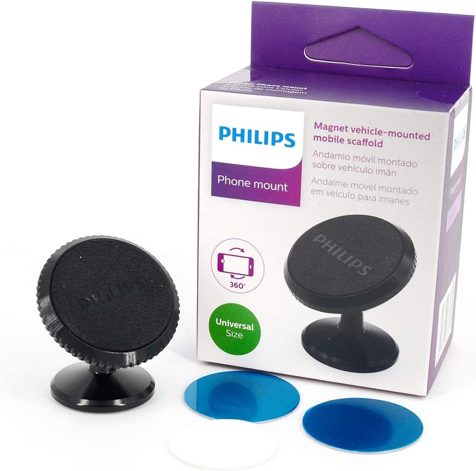 Mor ve beyaz kutusunda Philips manyetik araç telefon tutucu, önde iki tutucu ve metal plakalarla.