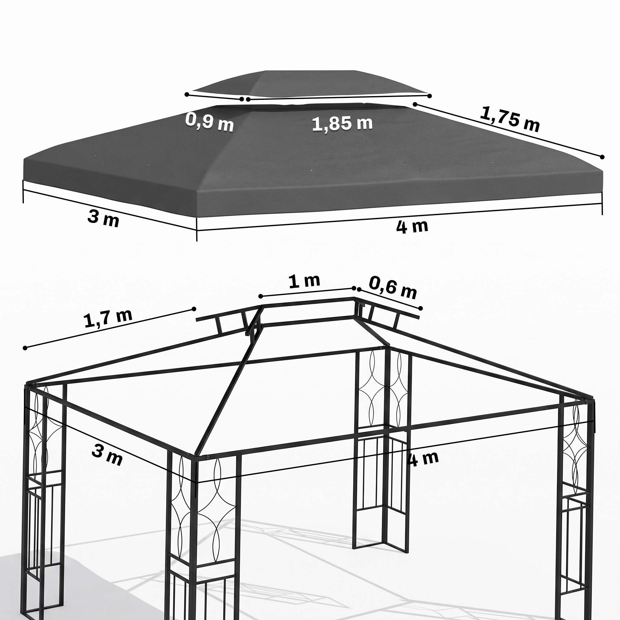 Diagrama de un cenador con medidas del techo y estructura de metal.