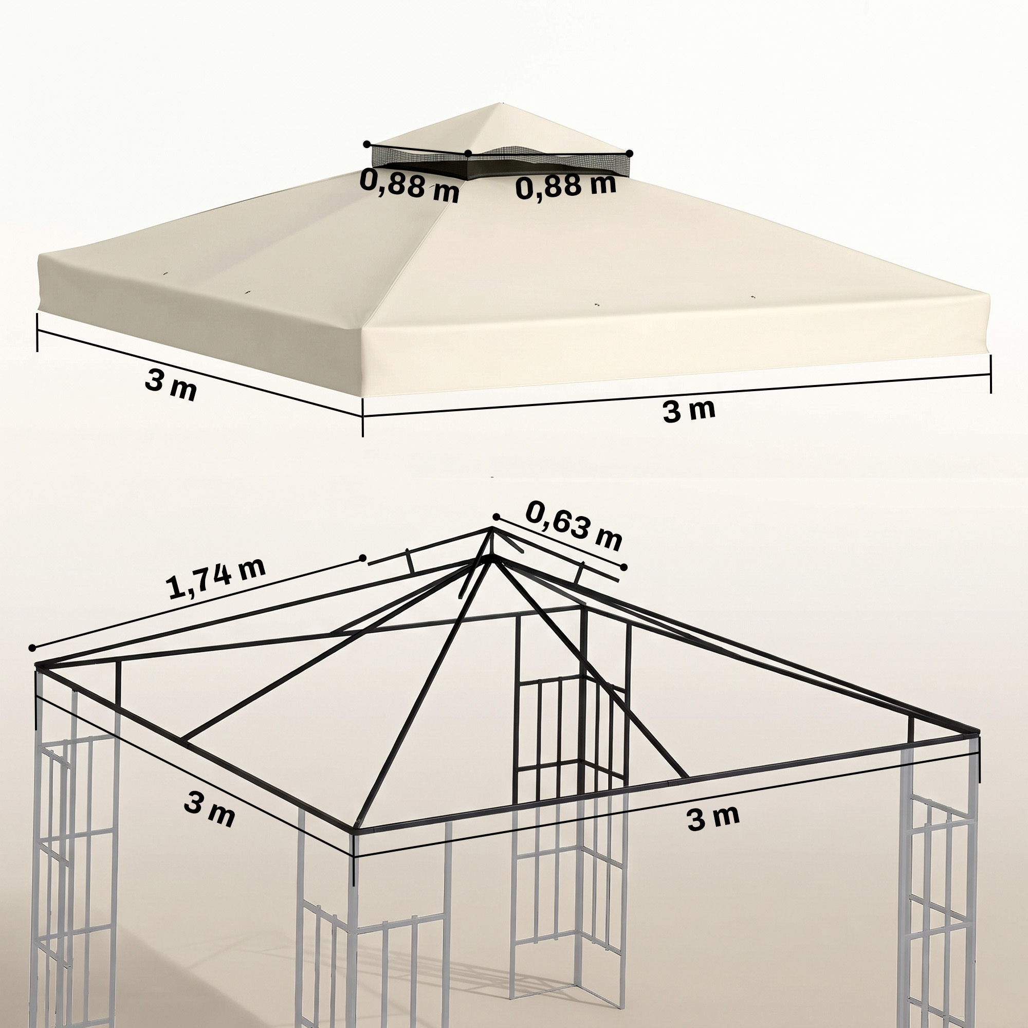 Diagrama de una glorieta de 3x3 metros con dimensiones del techo y estructura.