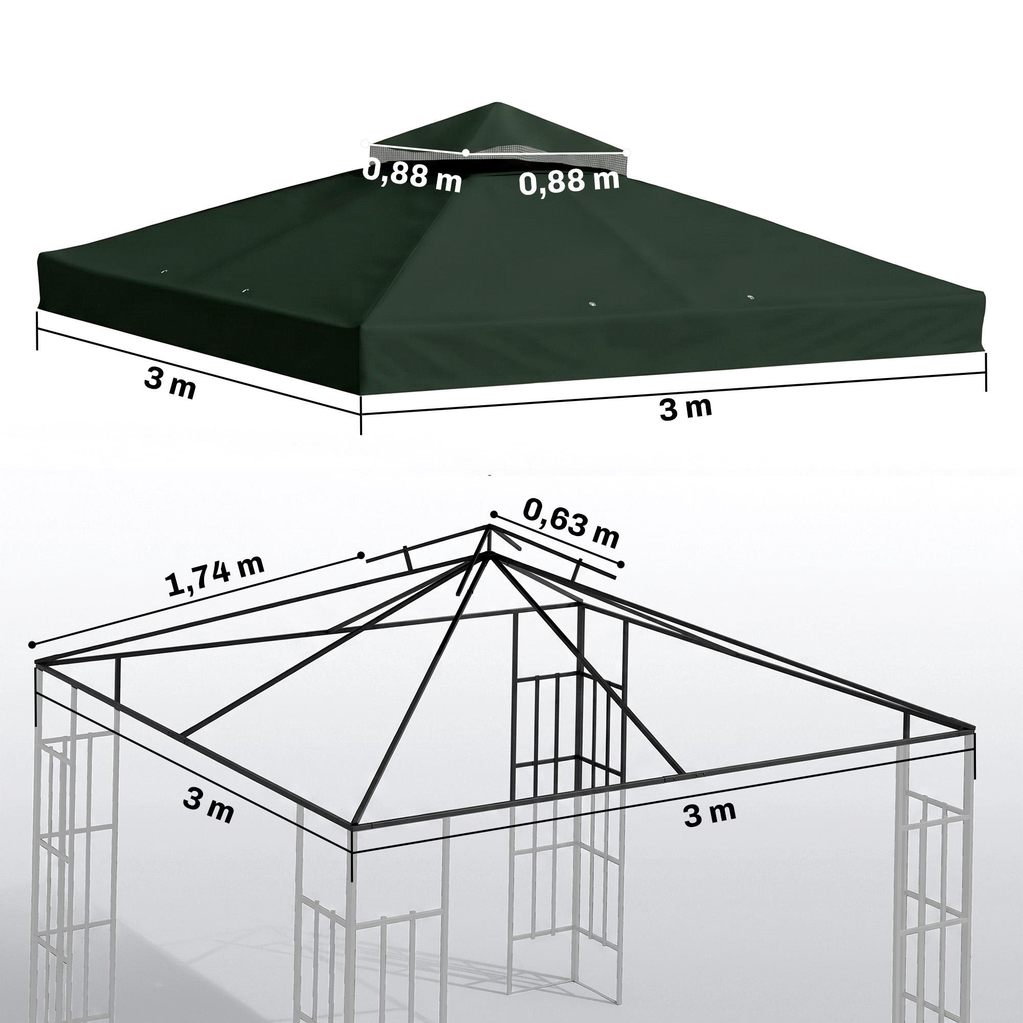 Diagrama de una glorieta verde oscura de 3x3 metros con un pequeño techo ventilado.