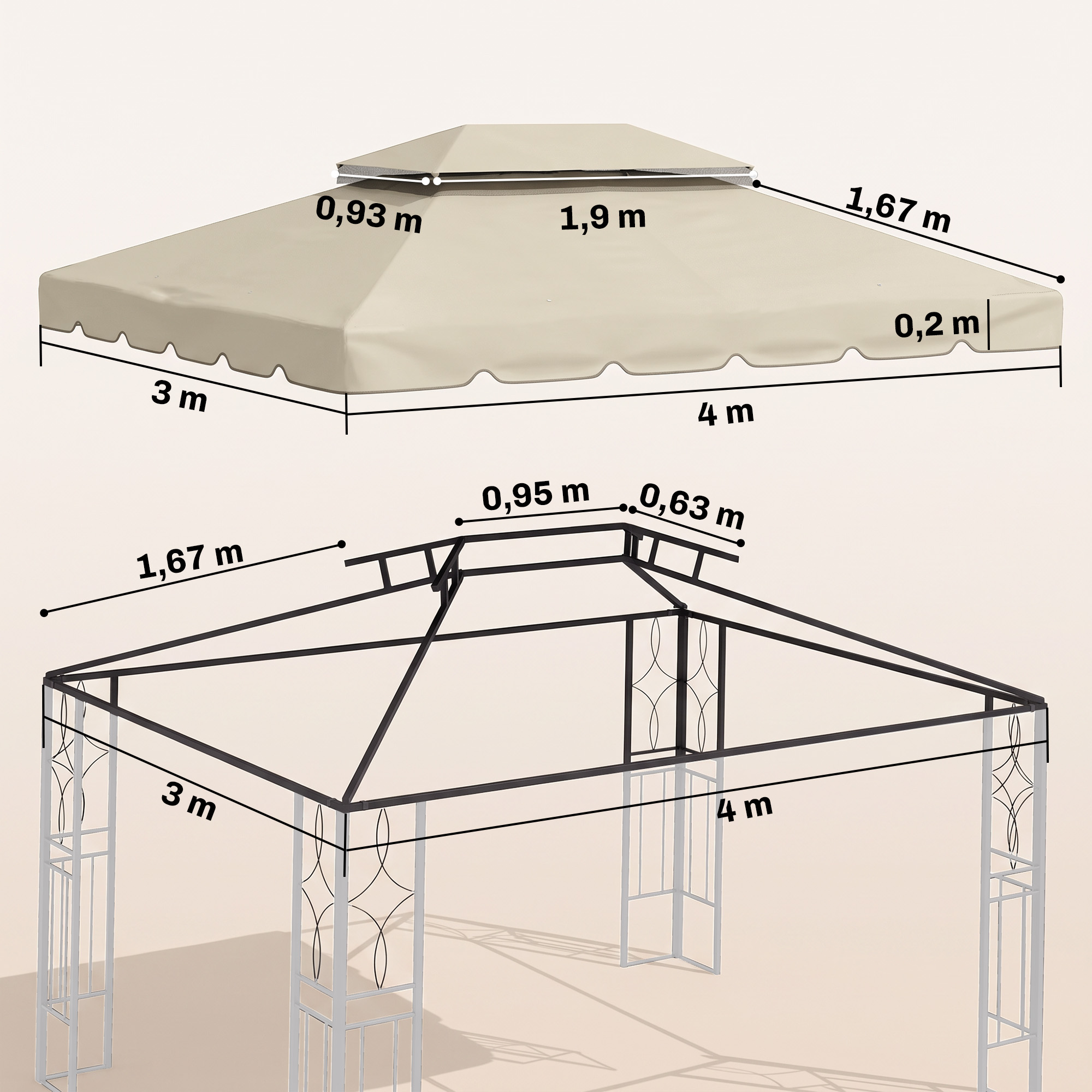 Diagrama de un cenador beige con dimensiones del techo y estructura.