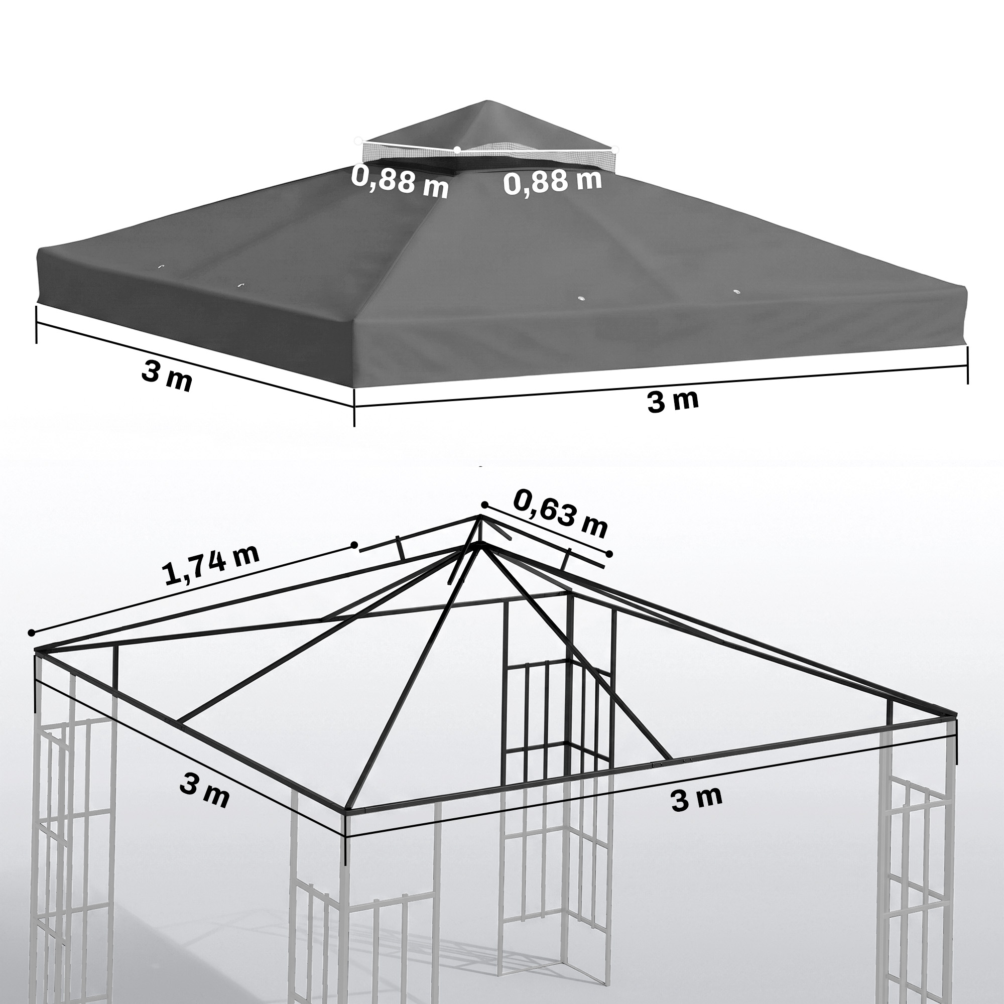 Diagrama que muestra un techo de cenador gris con dimensiones: 3m por 3m, sección superior de 0.88m y medidas.