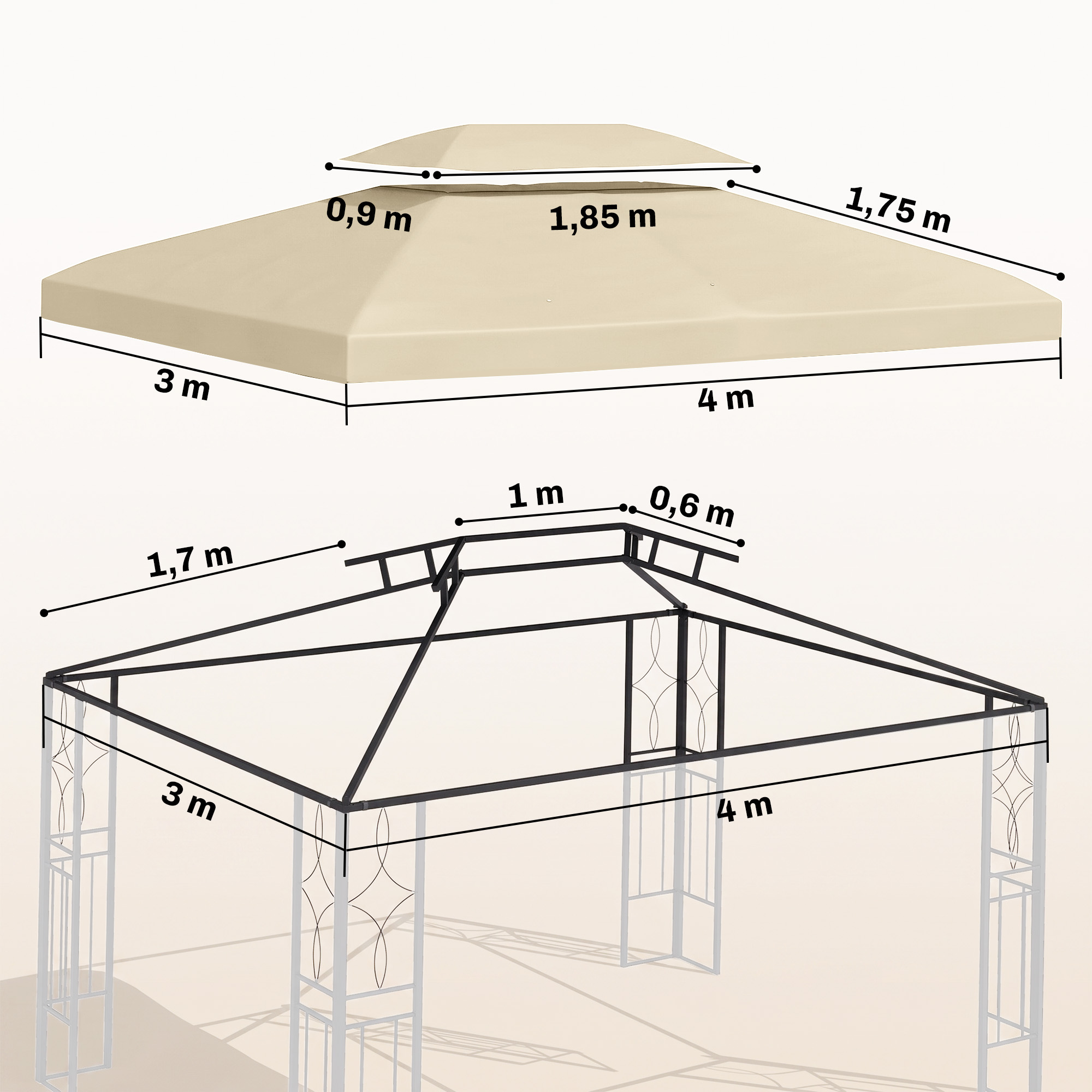 Diagrama de un cenador de jardín con dimensiones para techo y estructura.