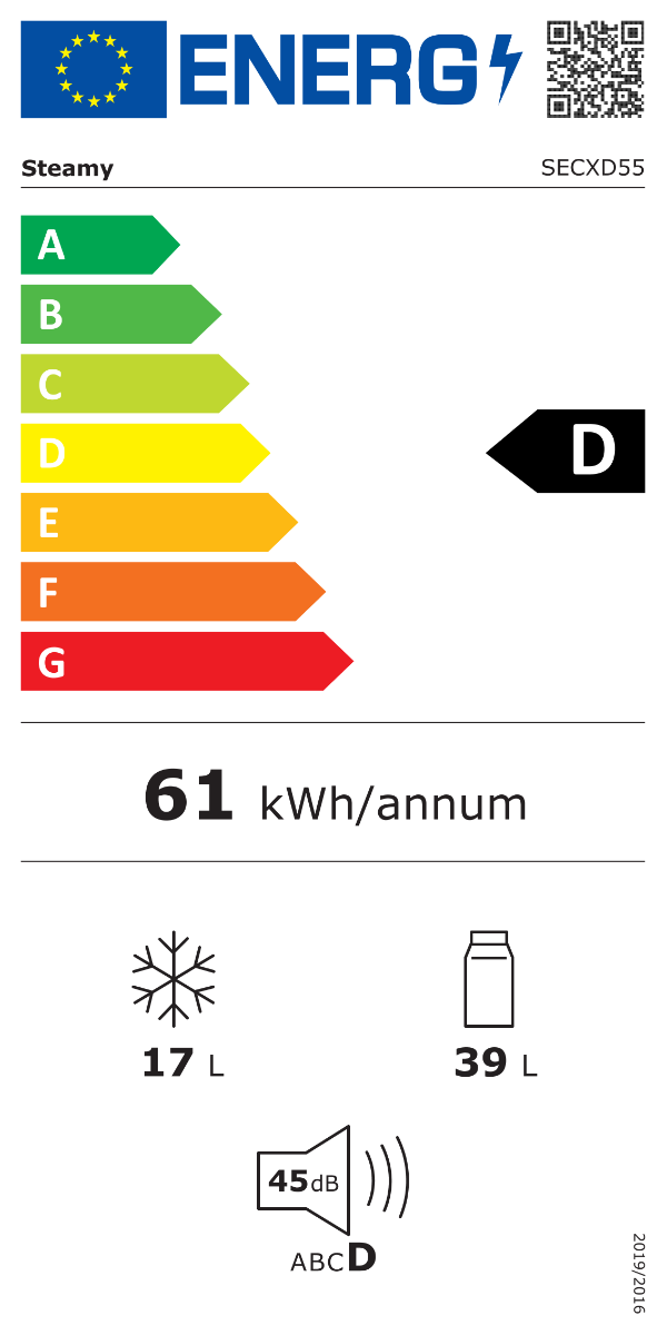 Etichetta energetica UE con classe D nera, 61 kWh/anno, congelatore 17 L, frigo 39 L e rumorosità di 45 dB.