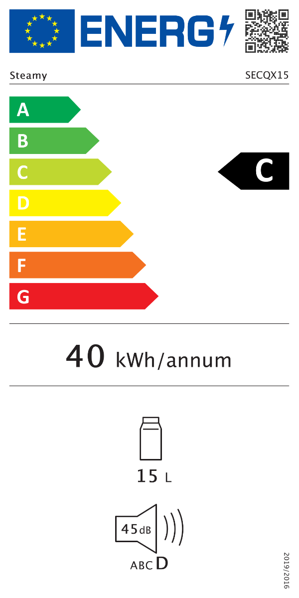 EU-Energieetikett zeigt Energieeffizienzklasse C, 40 kWh pro Jahr, 15 Liter Fassungsvermögen und 45 dB Lautstärke.