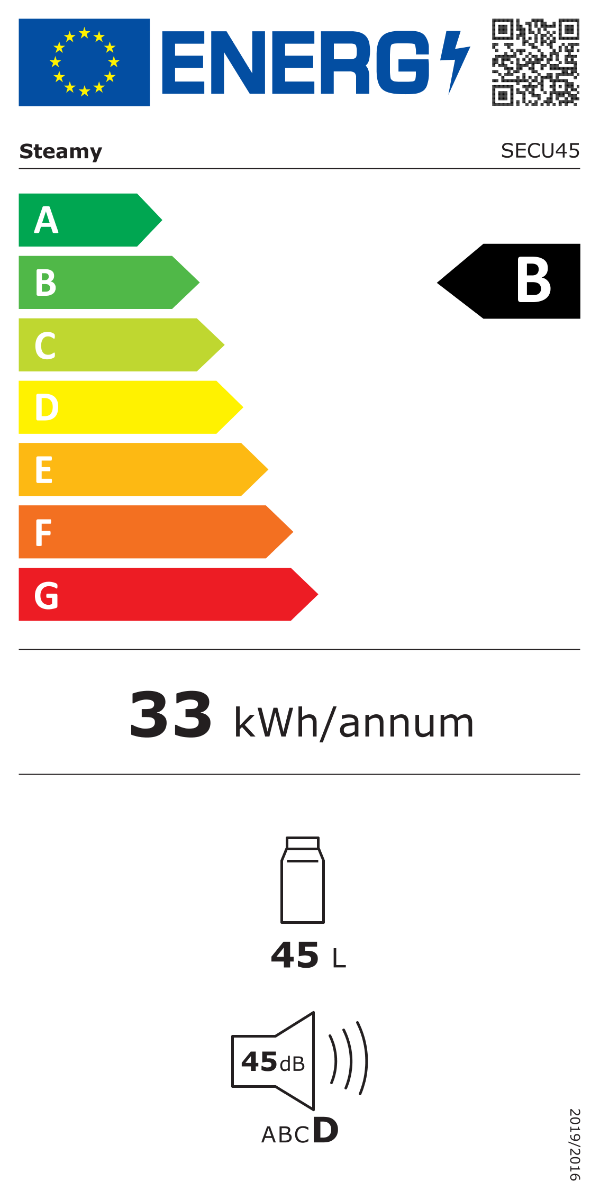 Etichetta energetica UE classe B, 33 kWh/anno, capacità 45 L e rumorosità 45 dB.