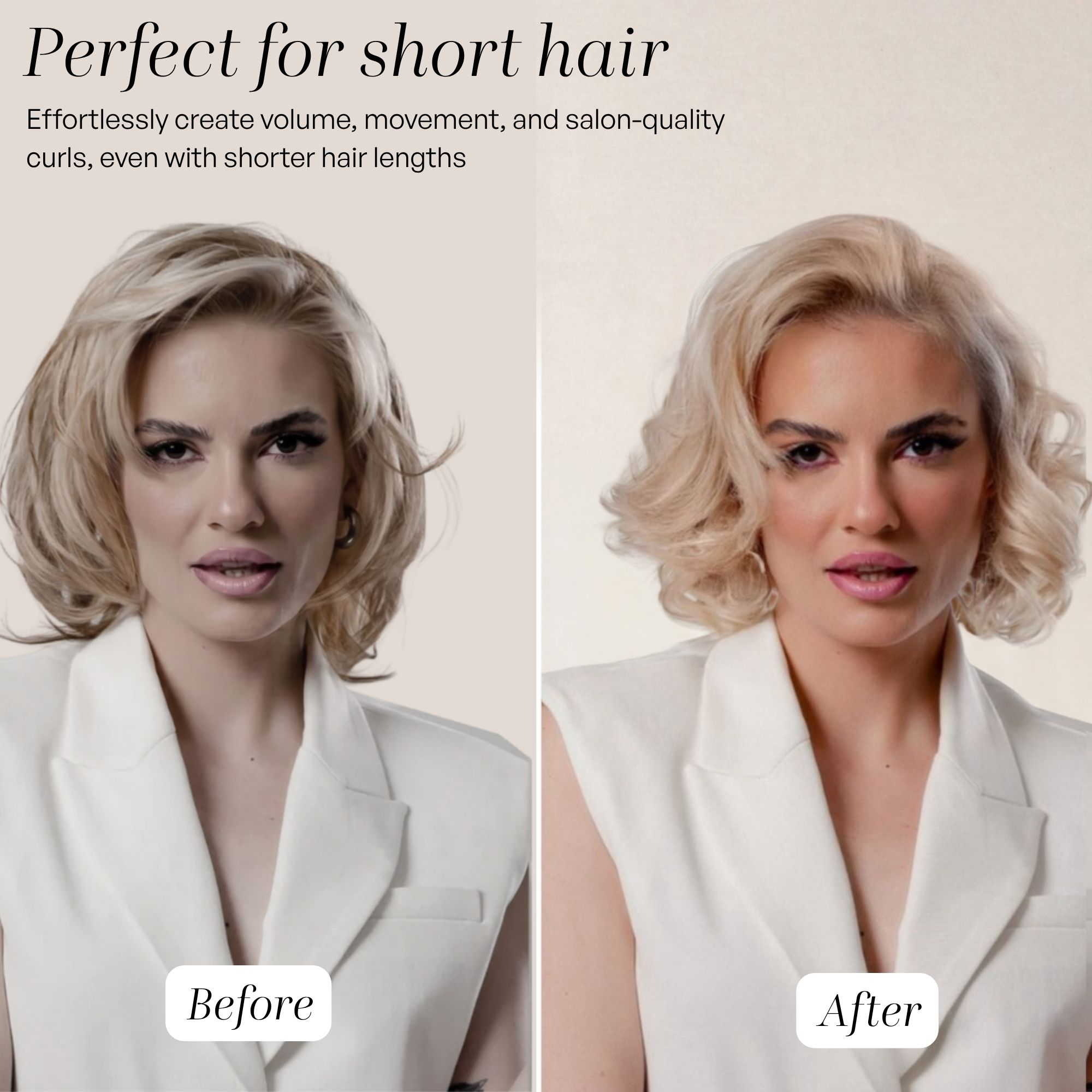 Vergleichsbild zeigt eine blonde Frau vorher mit flachem Haar und nachher mit voluminösen Locken.
