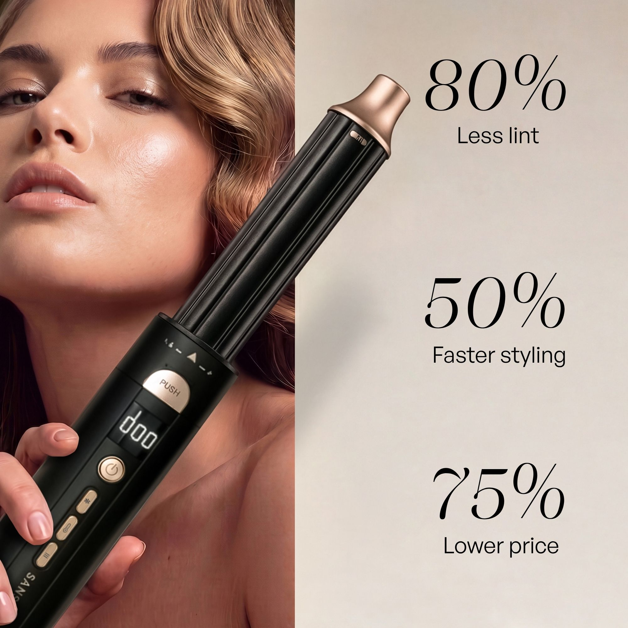 Eine Frau hält ein schwarz-goldenes Haarstyling-Tool neben Werbetexten, die die Vorteile hervorheben.