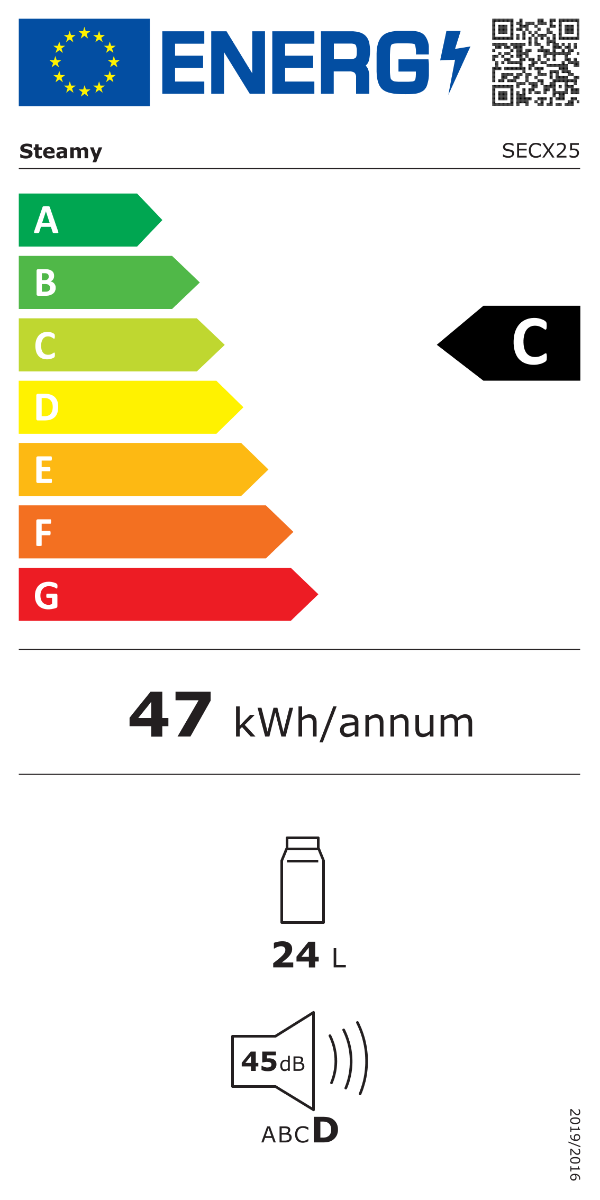 Etichetta energetica UE mostra classe C, 47 kWh all'anno, 24 L di capacità e 45 dB di rumore.