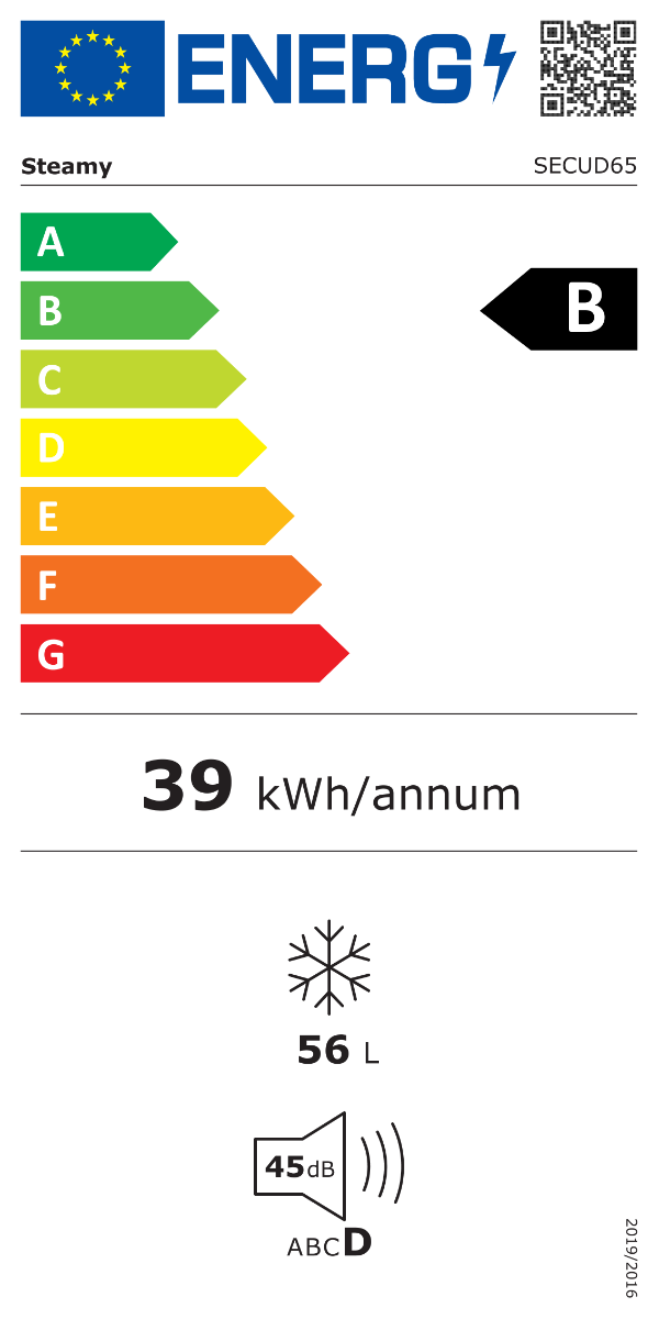 EU-Energieetikett für Steamy SECUD65, Energieeffizienzklasse B, 39 kWh/Jahr, 56 Liter, 45 dB Lautstärke.