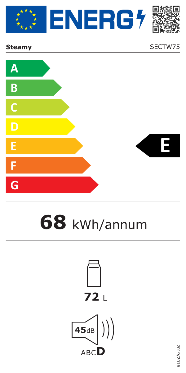 EU-Energieetikett zeigt Klasse E, 68 kWh/Jahr, 72 L Fassungsvermögen und 45 dB Lautstärke.