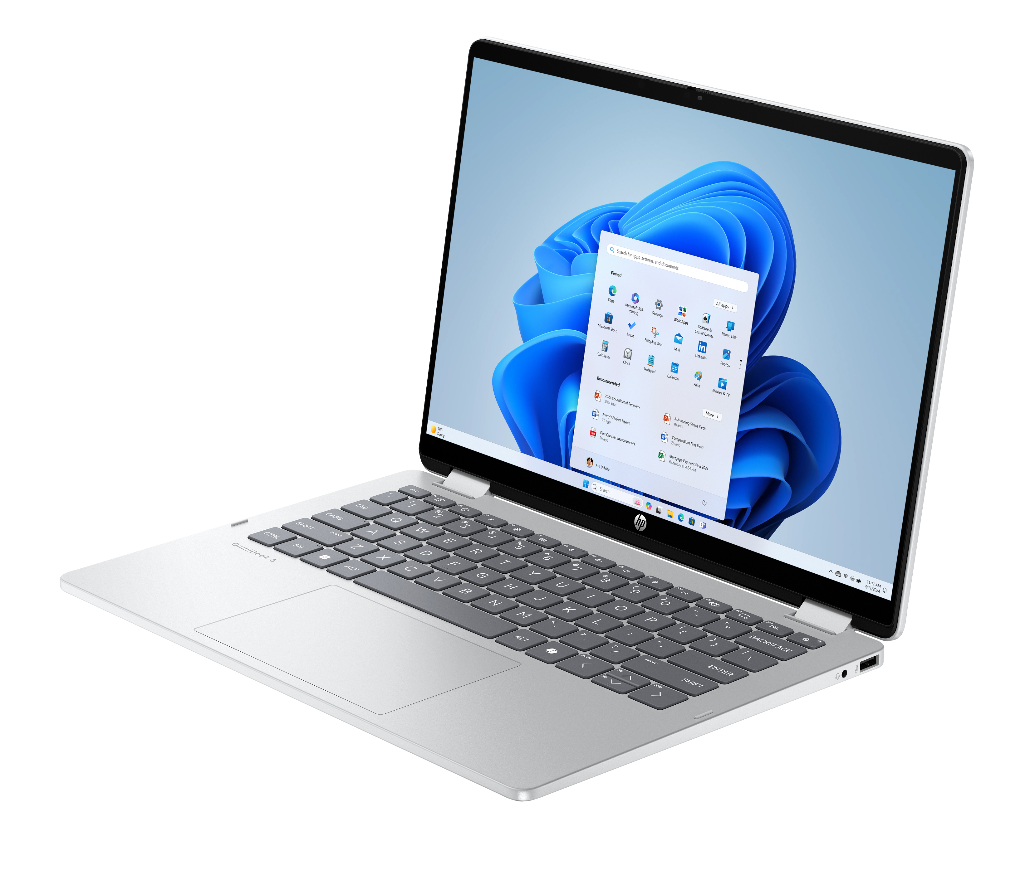 Un laptop bianco con tastiera nera e menu Start di Windows 11 sullo schermo su sfondo scuro.