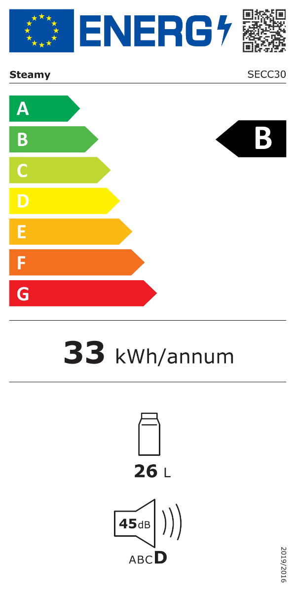 EU-Energielabel mit Energieeffizienzklasse B, 33 kWh pro Jahr, 26 Litern Fassungsvermögen und 45 Dezibel Lautstärke.