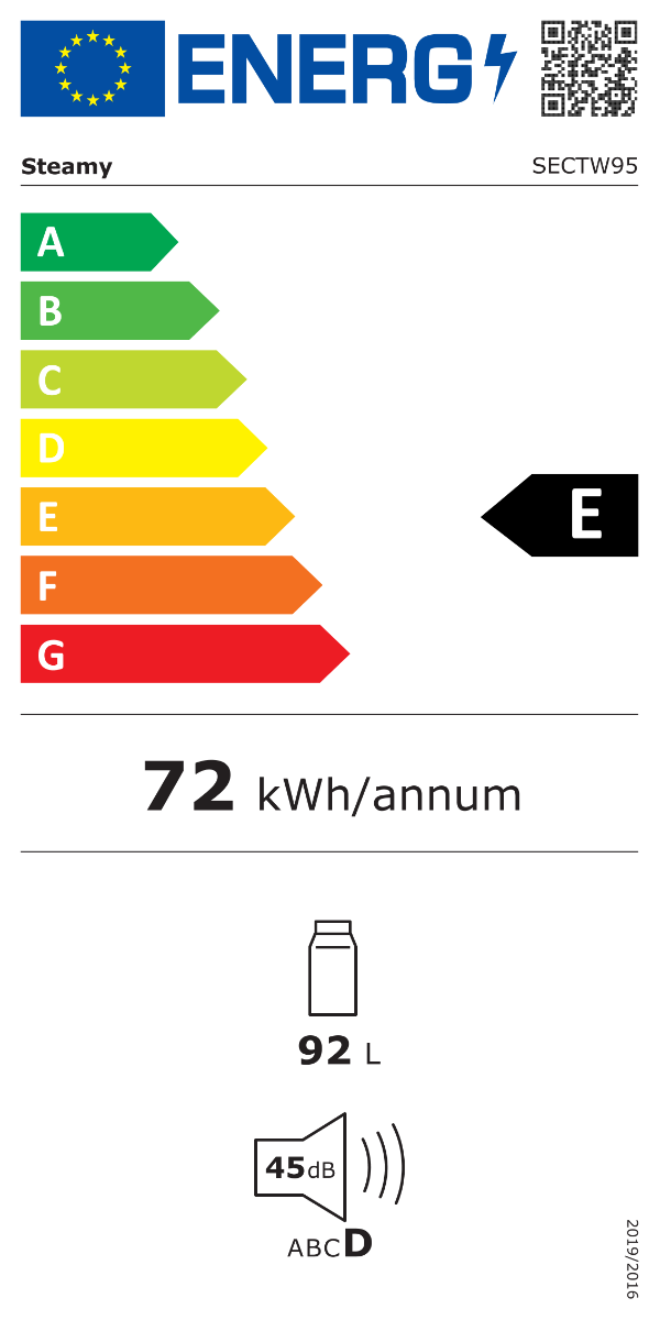 EU-Energieetikett für Steamy SECTW95 mit Klasse E, 72 kWh/Jahr, 92 Litern und 45 dB Lautstärke.