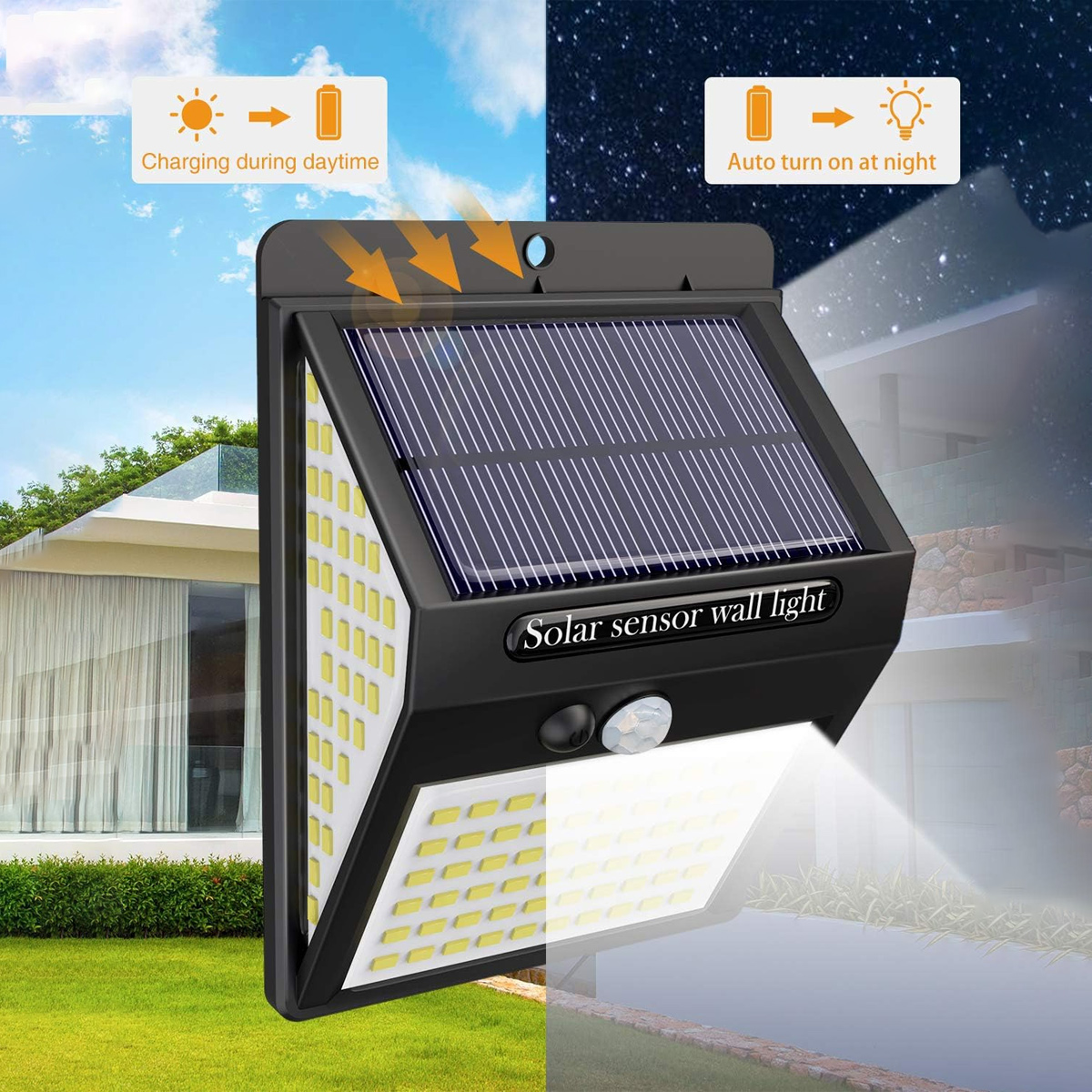 Solarlampe mit Sensor, die tagsüber lädt und nachts leuchtet.