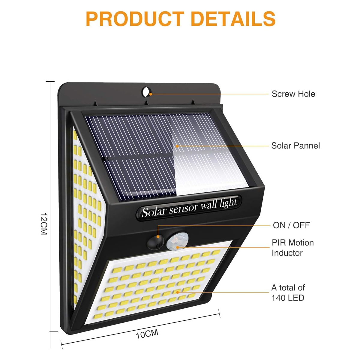 Diagramm einer Solar-Wandleuchte mit 140 LEDs, Solarpanel, Bewegungsmelder, Ein- und Ausschalter sowie Maßen.