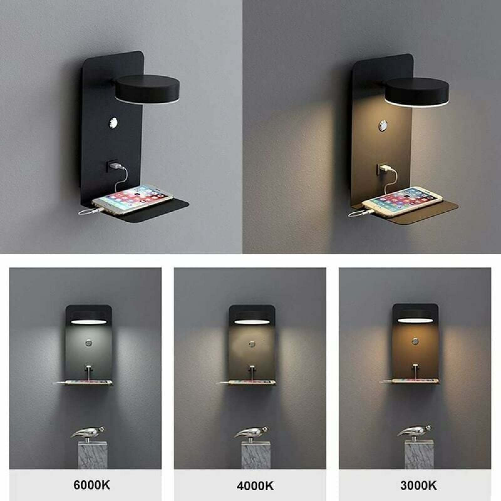 Schwarze Wandlampe mit Ablage, USB-Anschluss und verstellbaren Lichttemperaturen von 6000K bis 3000K.