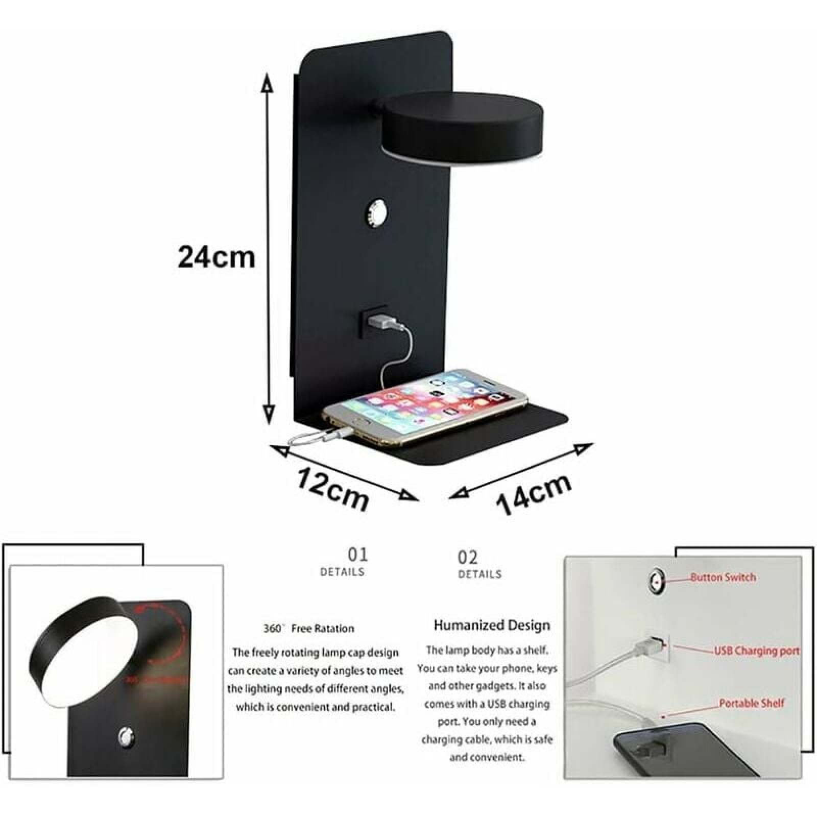 Schwarze Wandlampe mit Ablage, USB-Anschluss und Maßen von 24x12x14 cm, inklusive Detailaufnahmen.