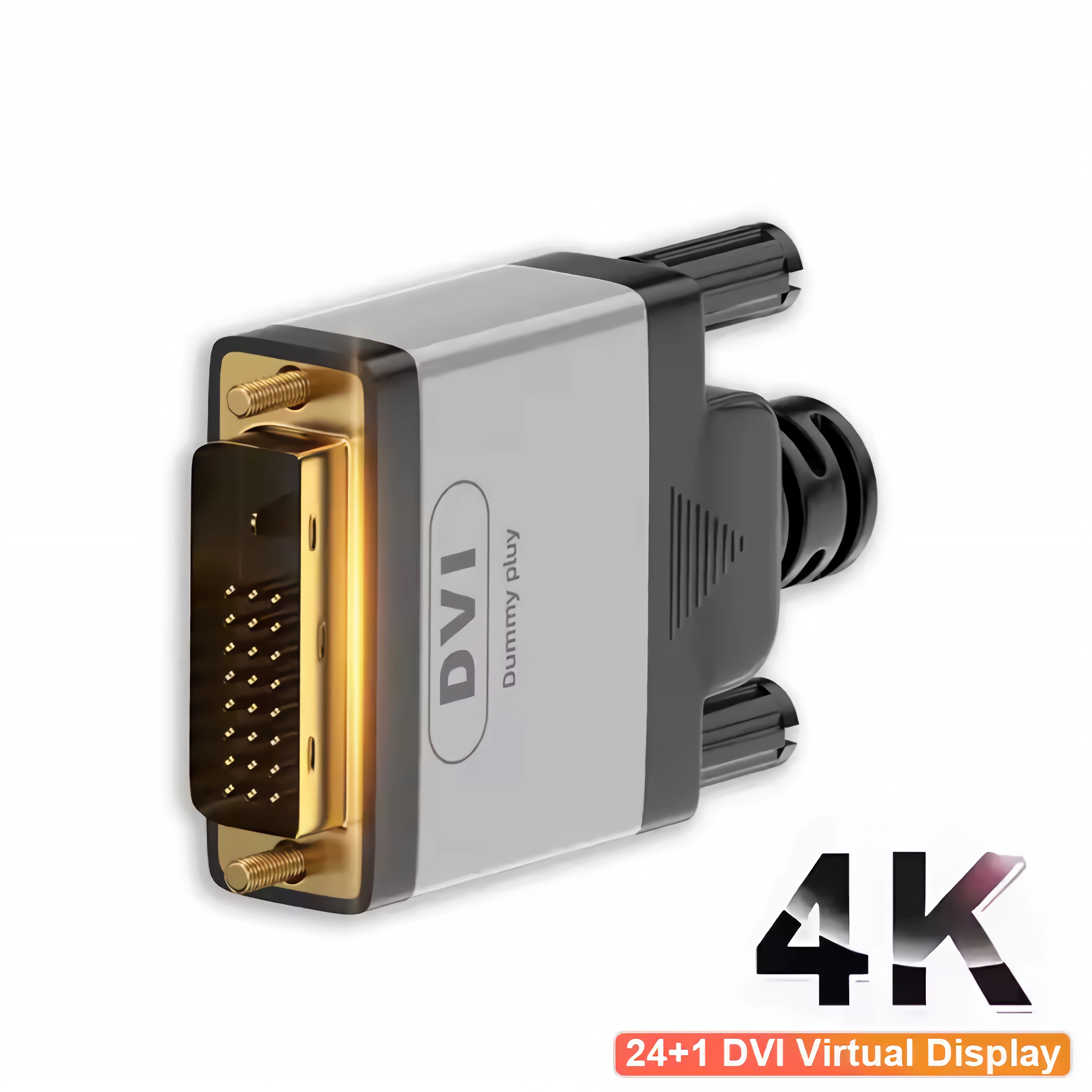 Ein DVI Dummy Plug Adapter für 4K-Virtual-Display, mit goldenen Pins und silberner Gehäuseabdeckung auf weiß.