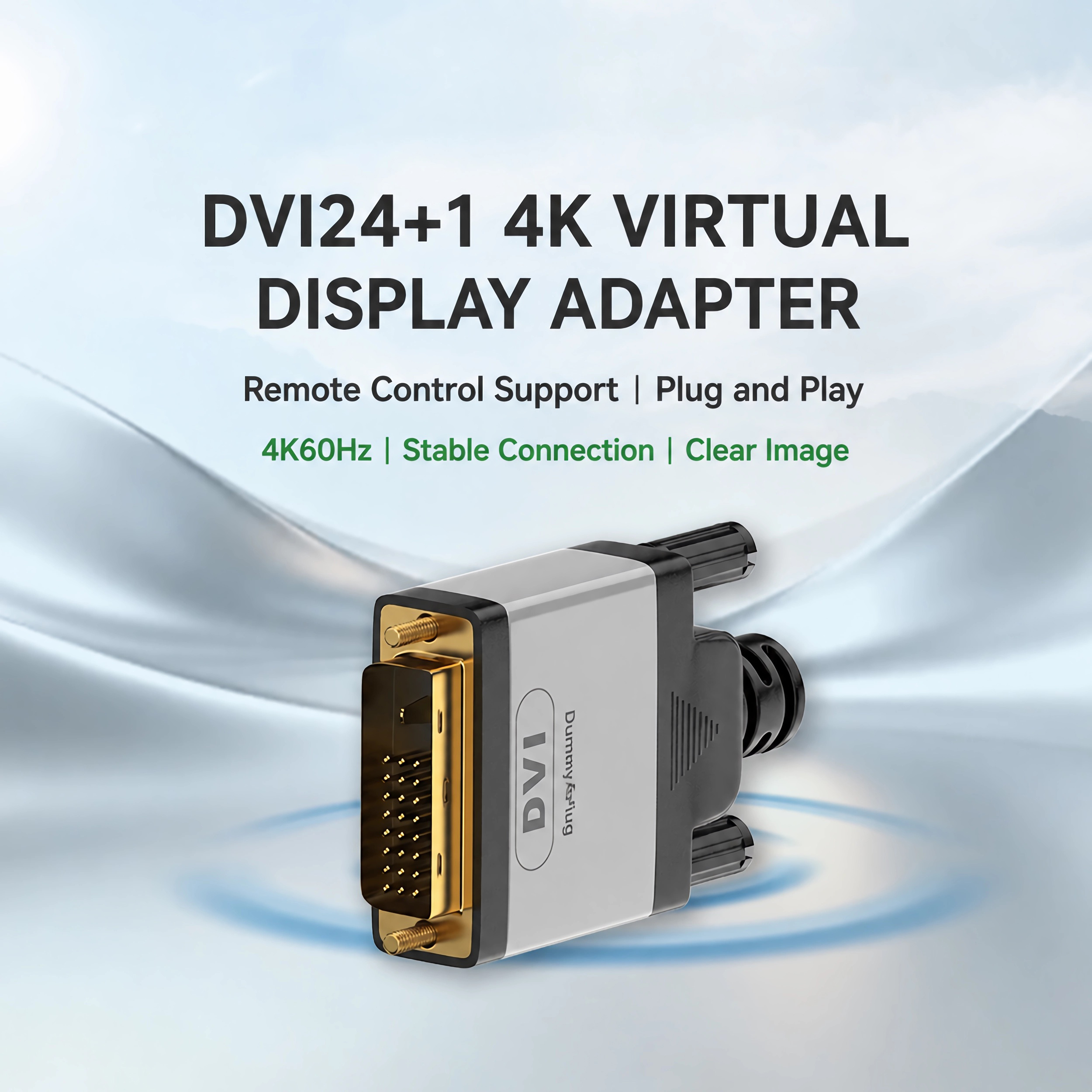DVI24+1 4K Virtueller Display-Adapter mit Text und silberner Oberfläche auf weißem Hintergrund.