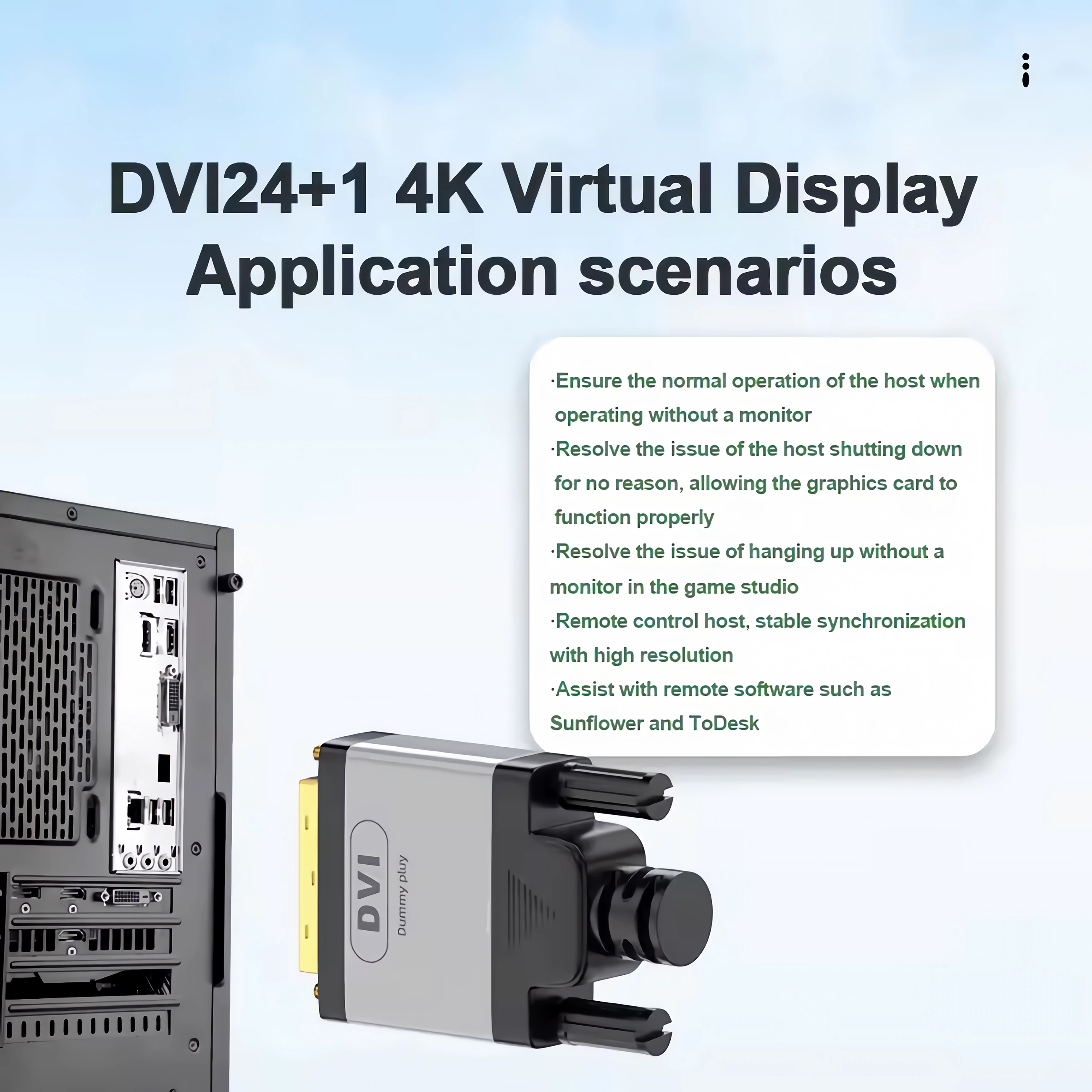 Ein DVI 24+1 virtueller Display-Adapter neben einem PC-Gehäuse mit einer Textbox für Anwendungsszenarien.