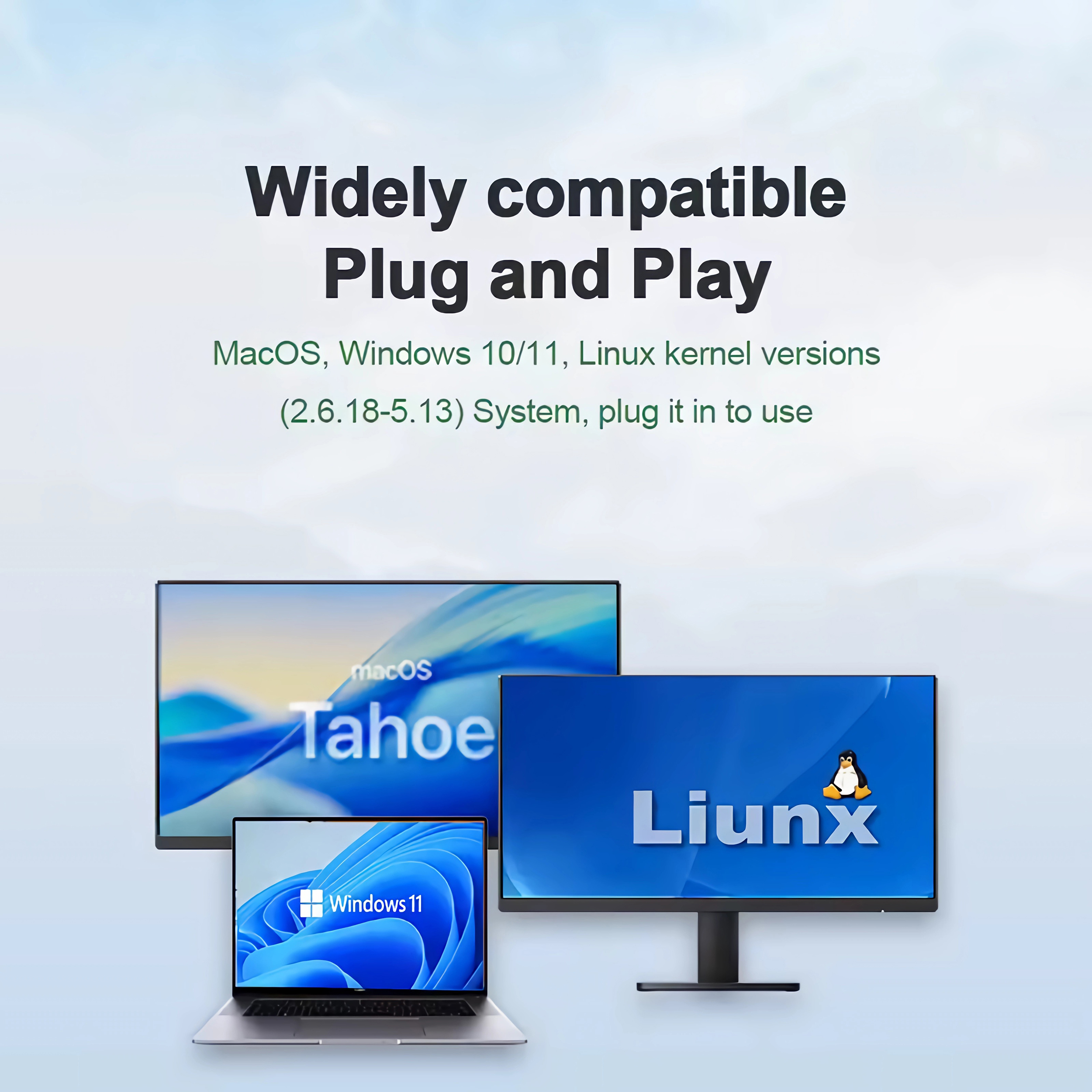 Kompatibel mit macOS, Windows 10/11 und Linux. Zeigt drei verschiedene Betriebssysteme auf Bildschirmen.