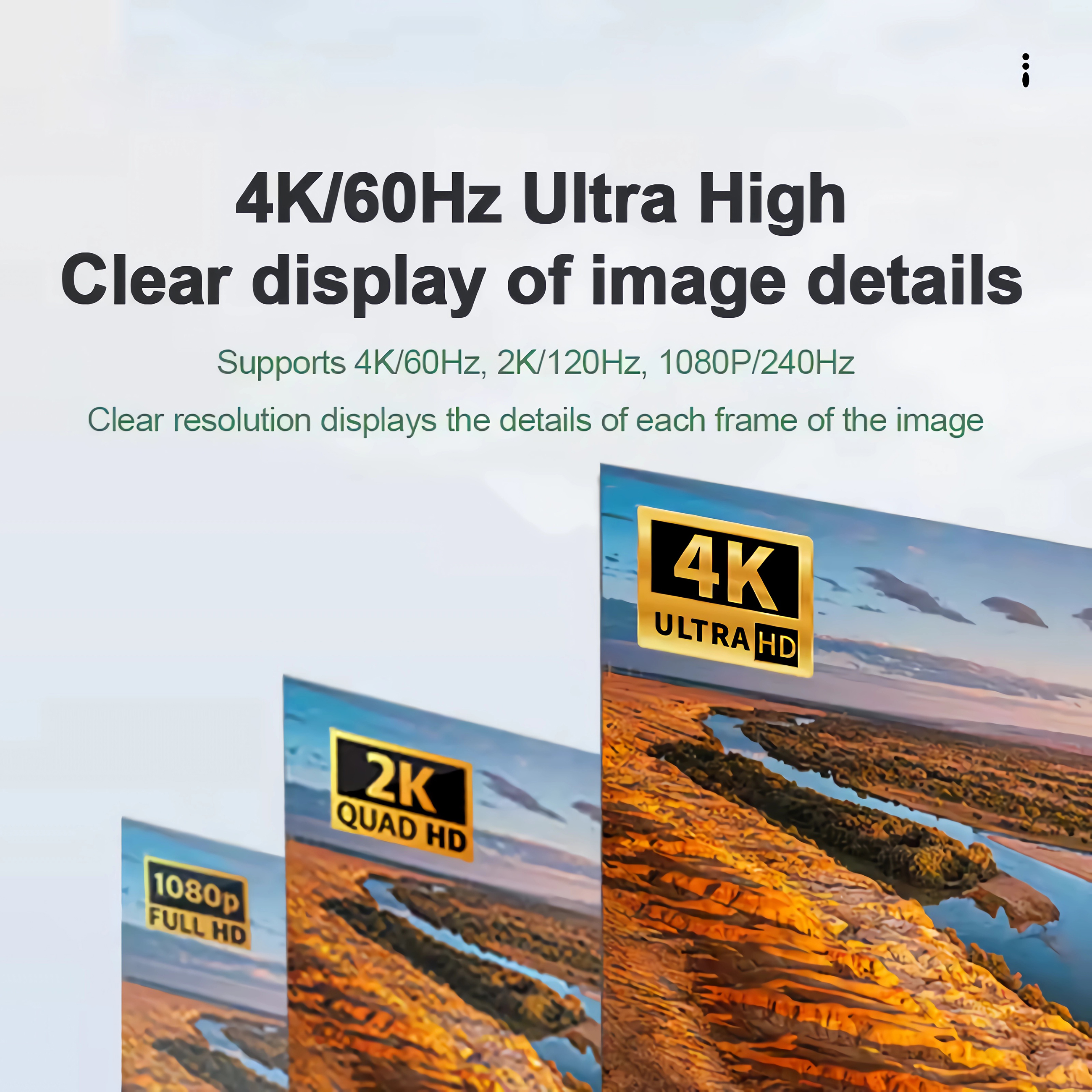 Promo für 4K/60Hz Ultra Clear Display mit drei Auflösungen: 1080p, 2K und 4K.