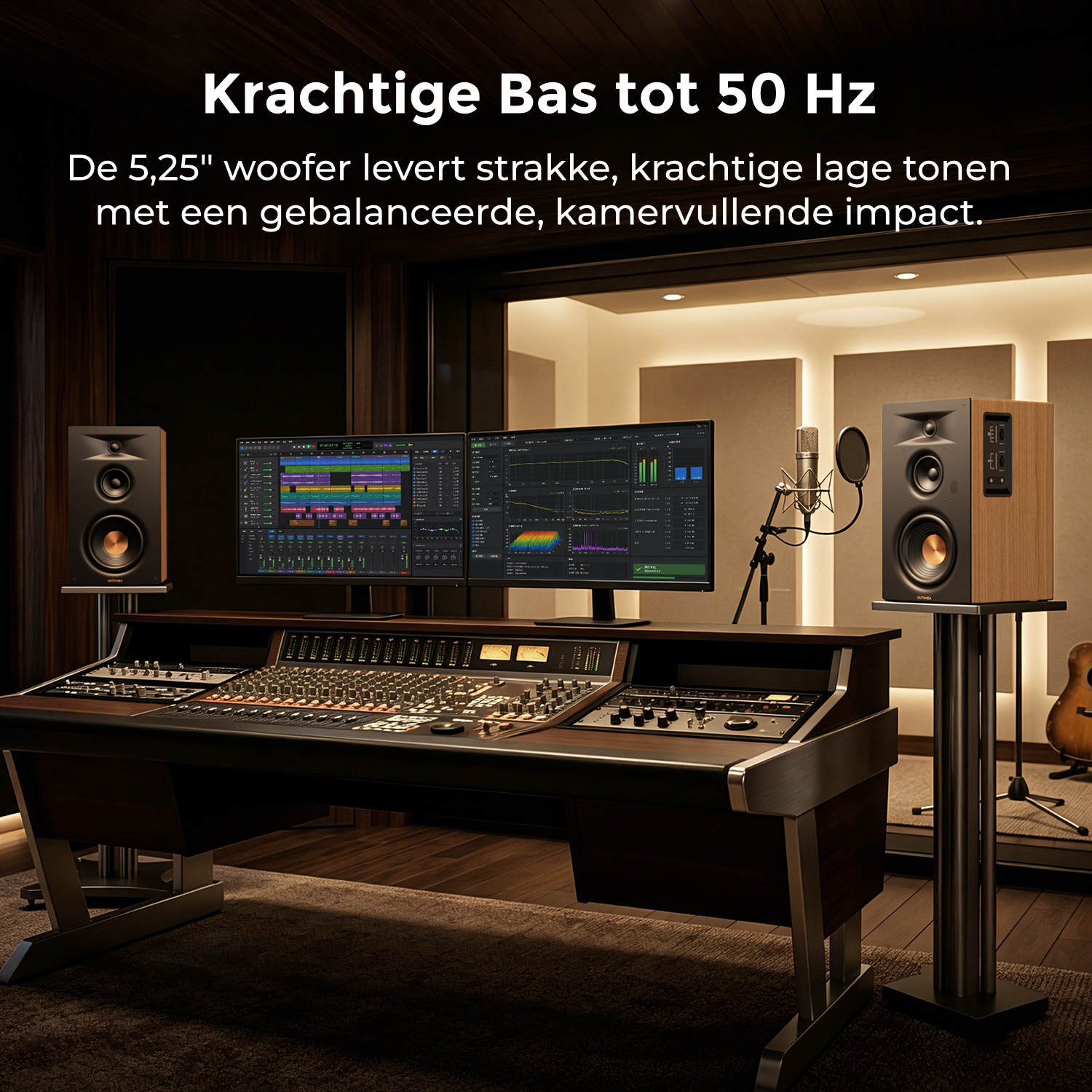 Un studio d'enregistrement professionnel avec console, deux écrans et de grands haut-parleurs.