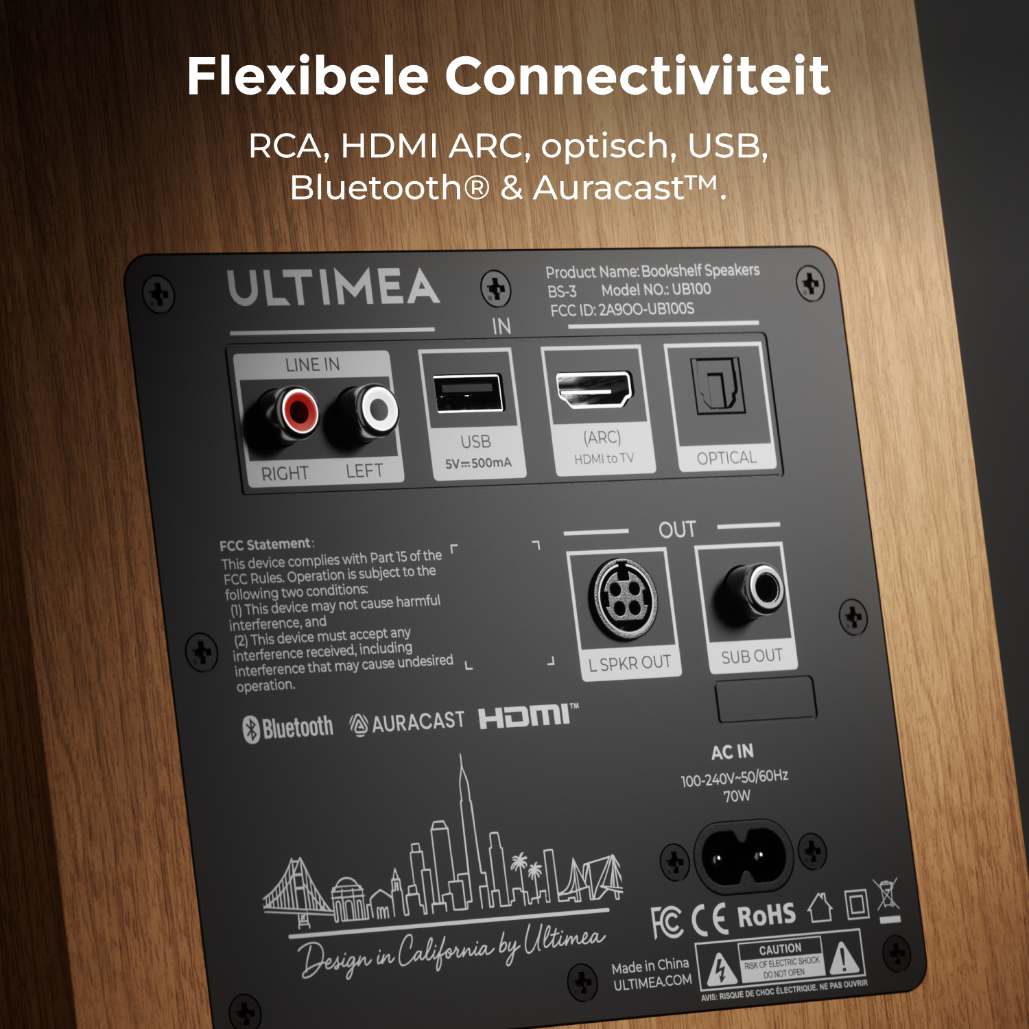 Panneau arrière du haut-parleur Ultimea affichant divers ports comme RCA, USB, HDMI ARC et entrée optique.
