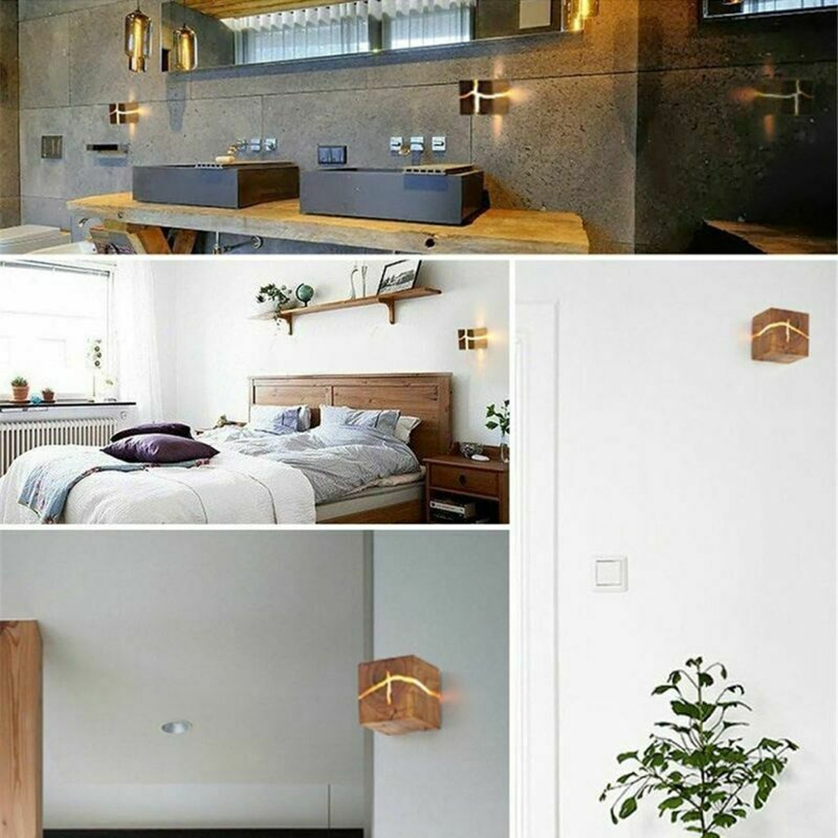 Eine Collage mit Holzwürfel-Wandleuchten, die verschiedene Räume wie Bad, Schlafzimmer und Flur beleuchten.